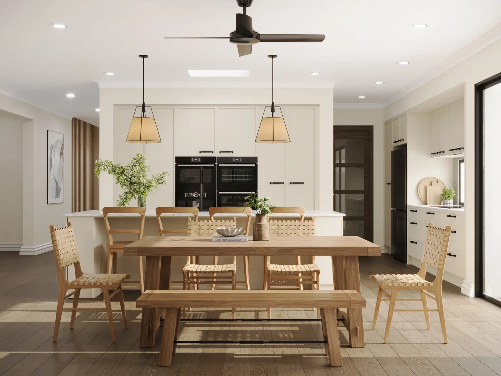 Photorealistic residential 3D render of the Kingbury kitchen and dining interior at Walloon Highlands with warm timber furniture and white cabinetry