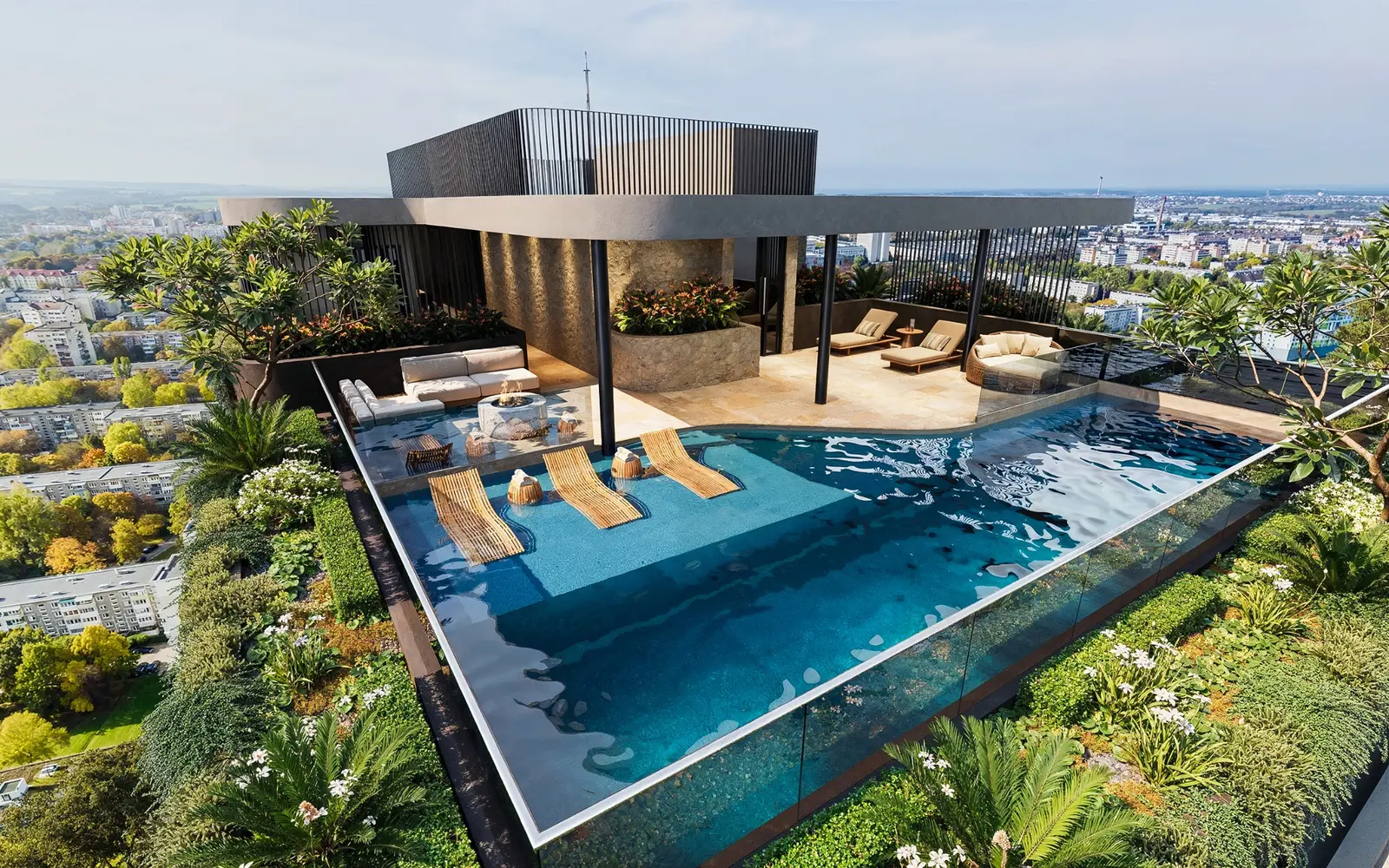 Photorealistic residential 3D render of a rooftop infinity pool and landscaped terrace at 24–26 Welch Street, Southport