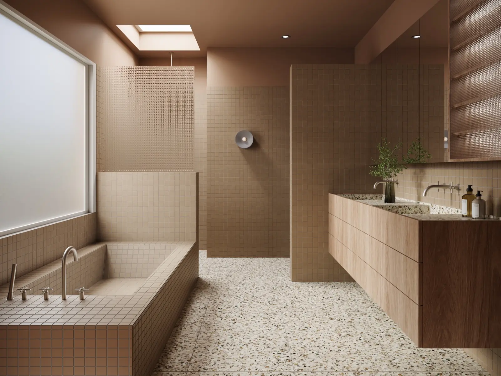 Photorealistic residential 3D render of a warm contemporary bathroom with tiled bath, walk-in shower, timber vanity and terrazzo floor