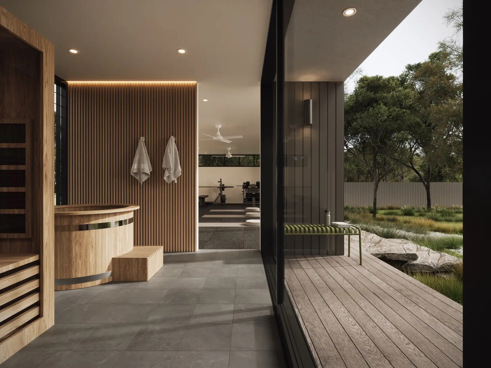Photorealistic residential 3D render of a private wellness space with timber sauna, cold plunge, home gym and landscaped garden outlook
