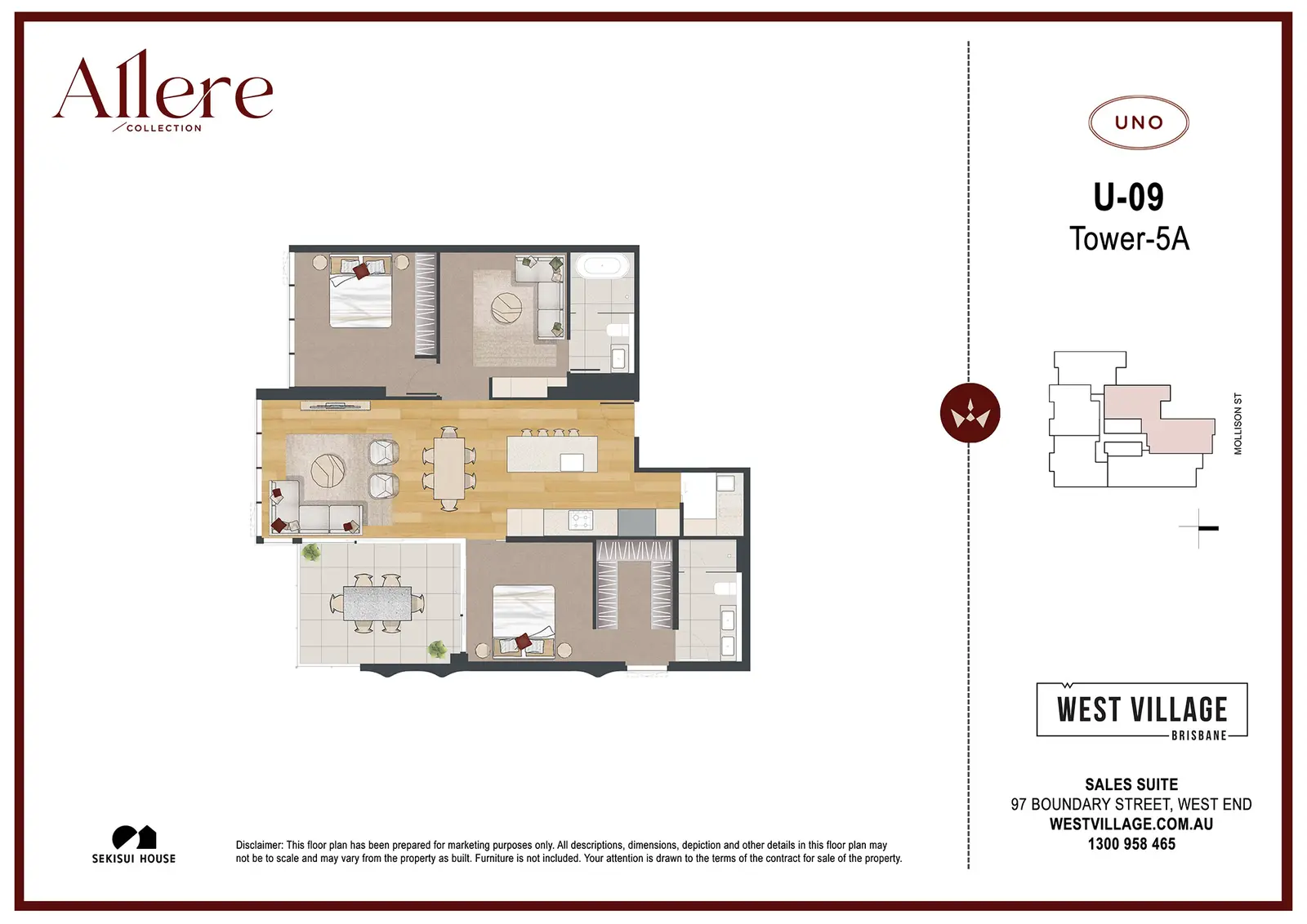 Branded marketing floor plan for Allere West Village apartment U-09 in Tower 5A with two bedrooms, two bathrooms, open-plan living and balcony