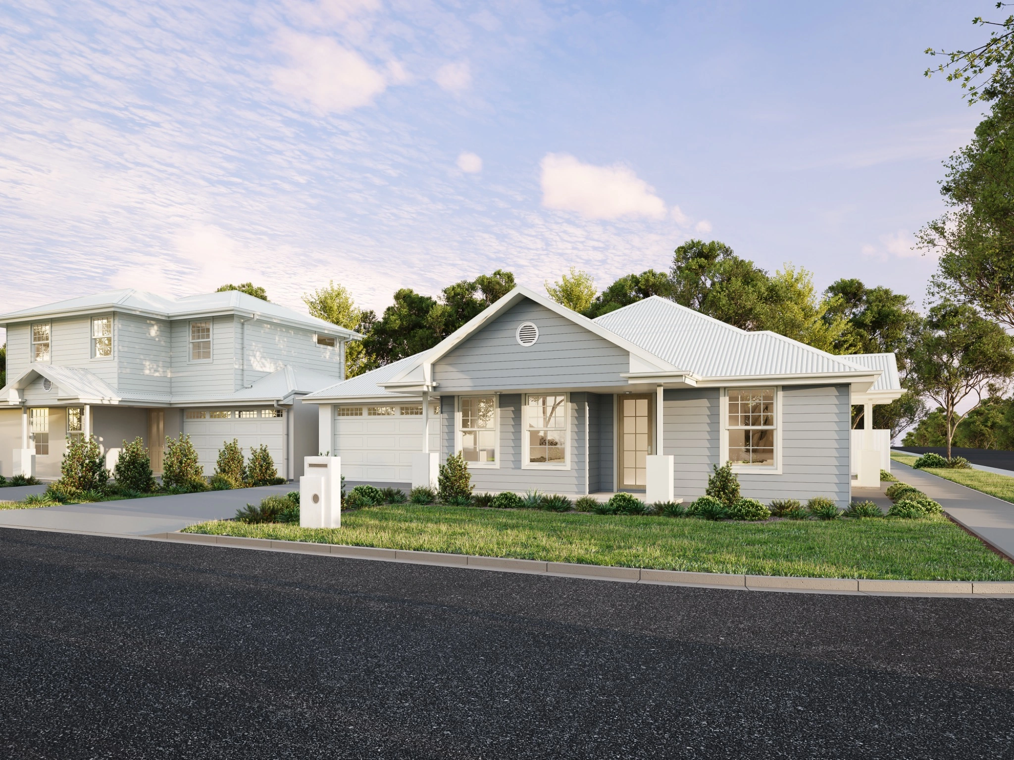 Photorealistic 3D render of a Hamptons-style single-storey home range arranged along a landscaped Australian suburban street