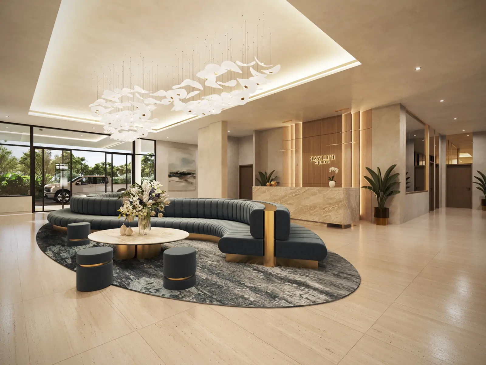 Photorealistic commercial 3D render of the Azzura Square lobby in South Hedland with sculptural lighting, curved seating and stone reception desk