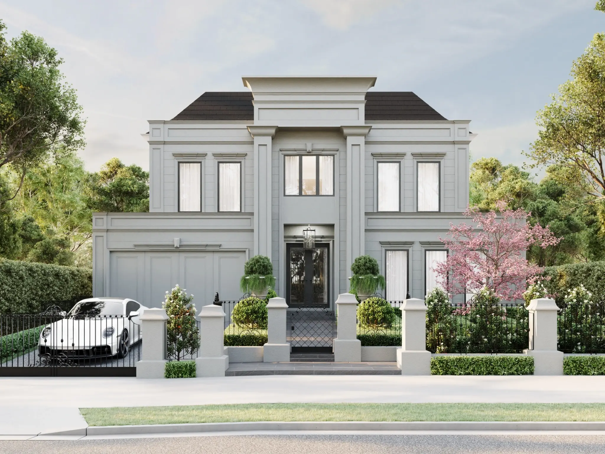 Photorealistic facade 3D render of a grand luxury residence on Bulleen Road in Balwyn North with formal architecture and landscaped frontage