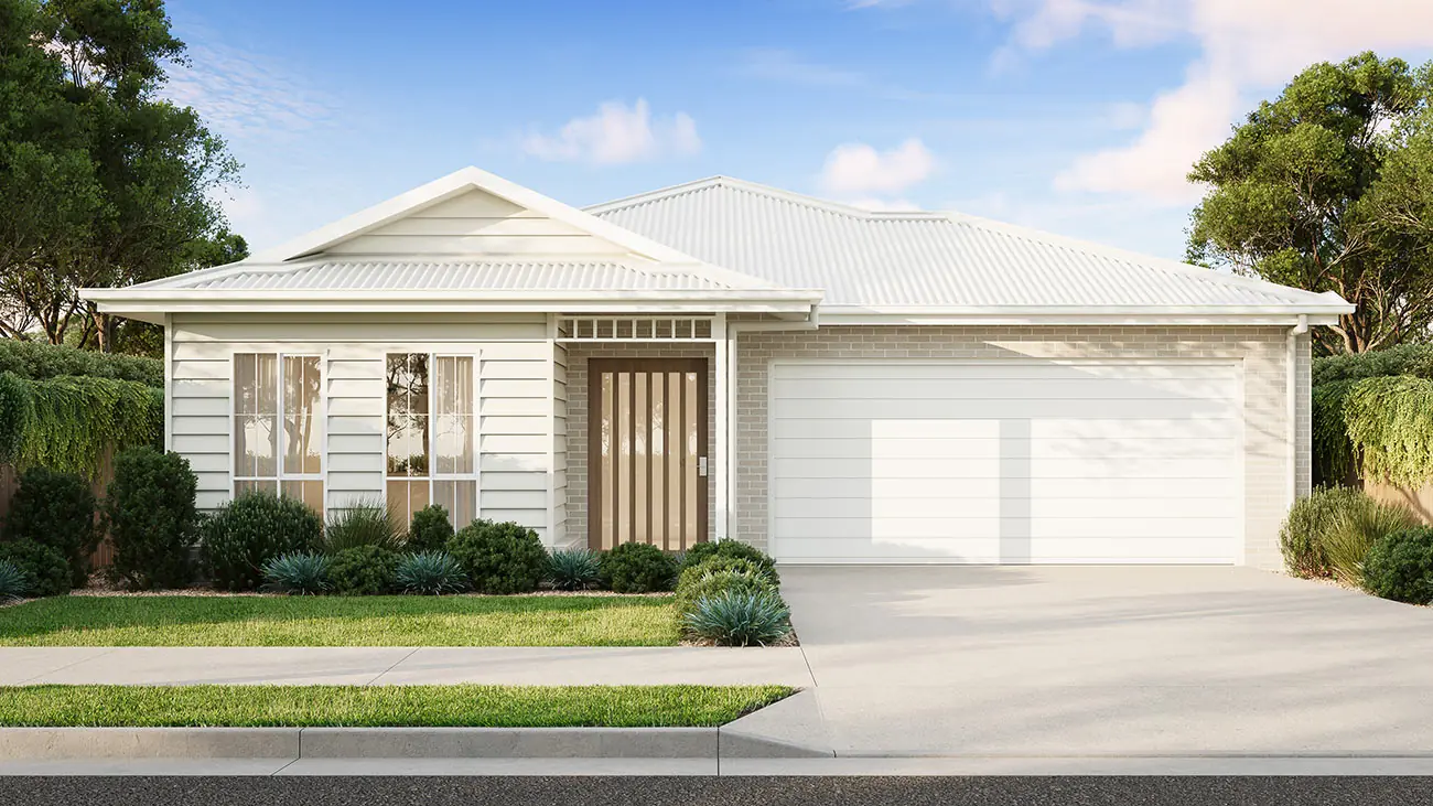Photorealistic front facade 3D render of the Casa Sol 210 single-storey home with a light coastal material palette and landscaped entry