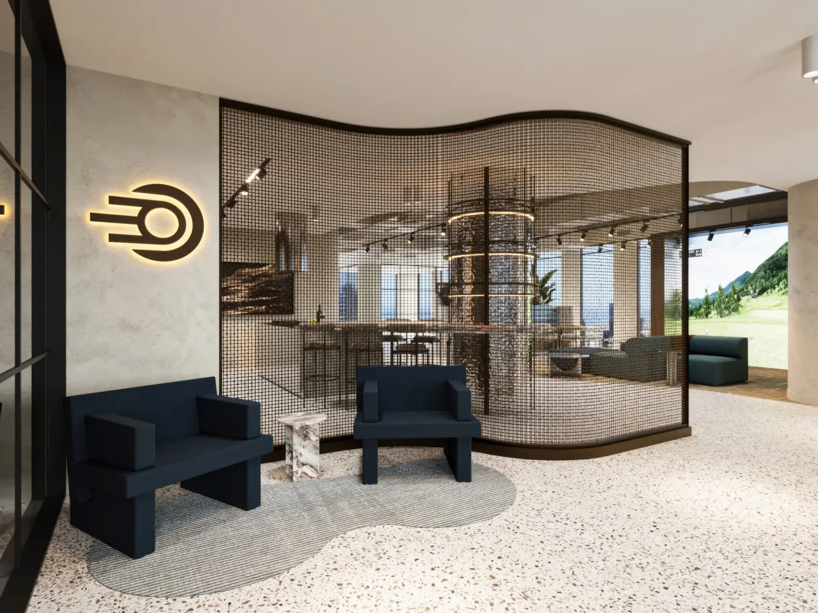Photorealistic commercial interior 3D render on Castlereagh Street in Sydney with lounge seating, curved mesh screening, illuminated branding and collaborative spaces