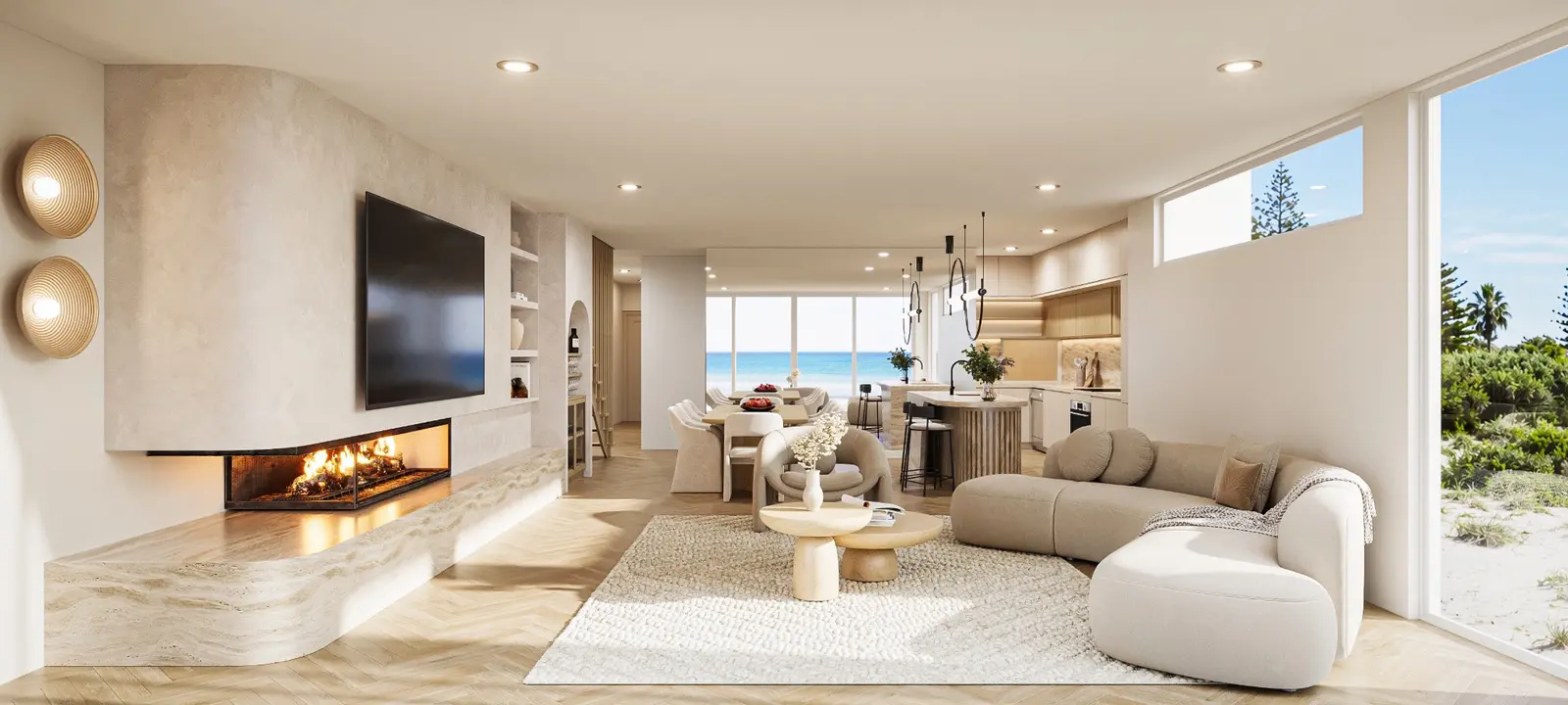 Photorealistic 3D render of a coastal open-plan living, dining and kitchen interior with ocean views, curved fireplace, neutral furniture and warm natural finishes