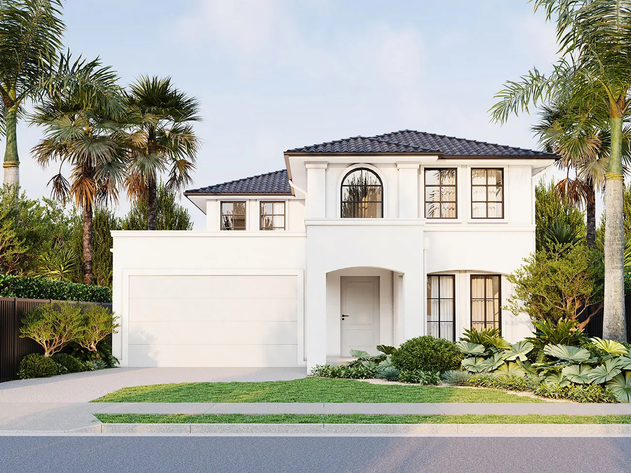 Photorealistic facade 3D render of House 1A at Collaroy Plateau featuring a refined white two-storey exterior, arched window and subtropical landscaping
