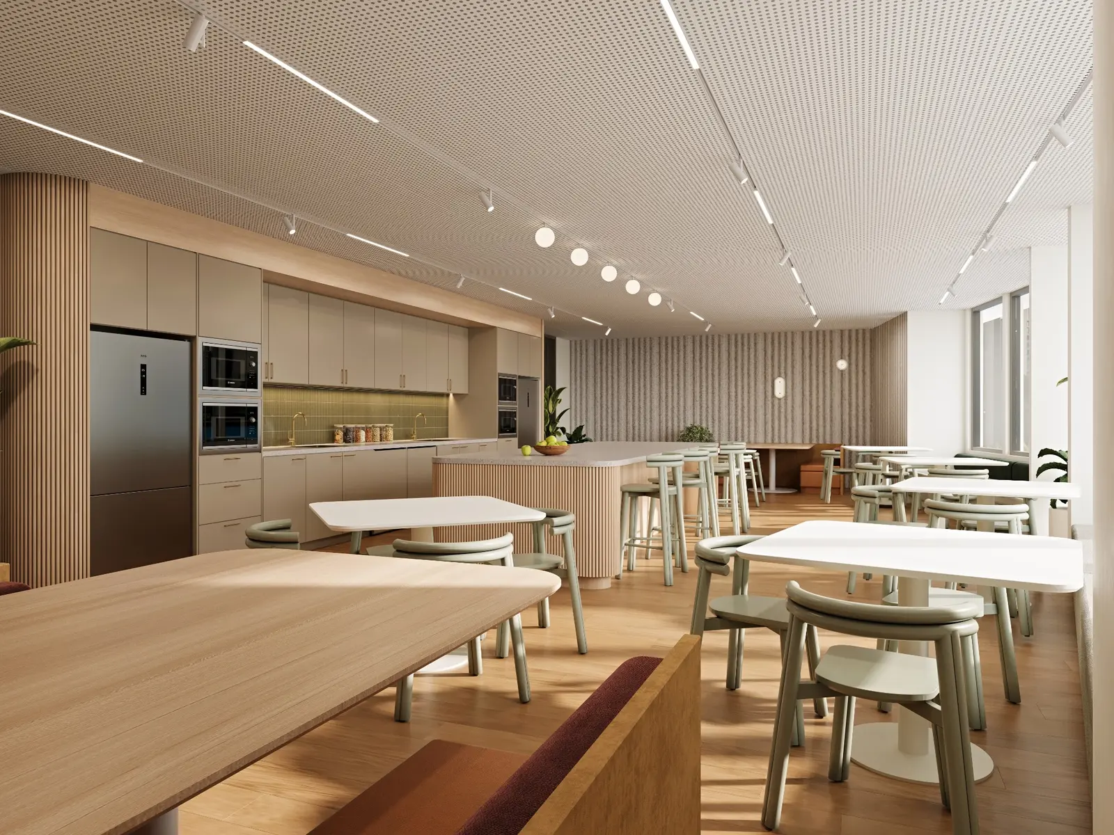 Photorealistic commercial office breakout room 3D render with a staff kitchen, island seating, acoustic ceiling, banquettes and warm timber finishes