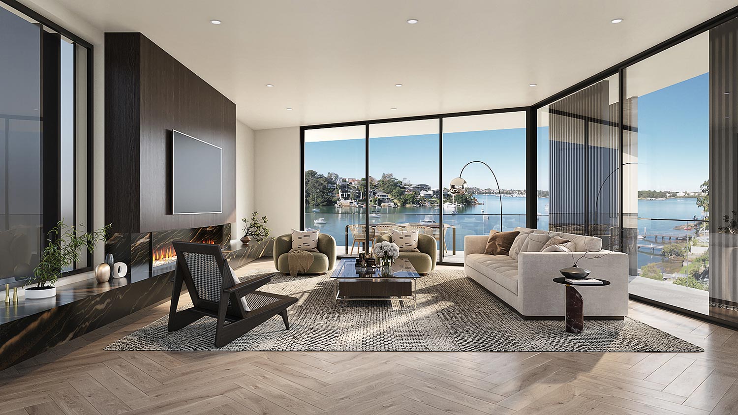 Photorealistic 3D render of a luxury waterfront living room on Cowdroy Avenue, Cammeray, with full-height glazing and harbour views
