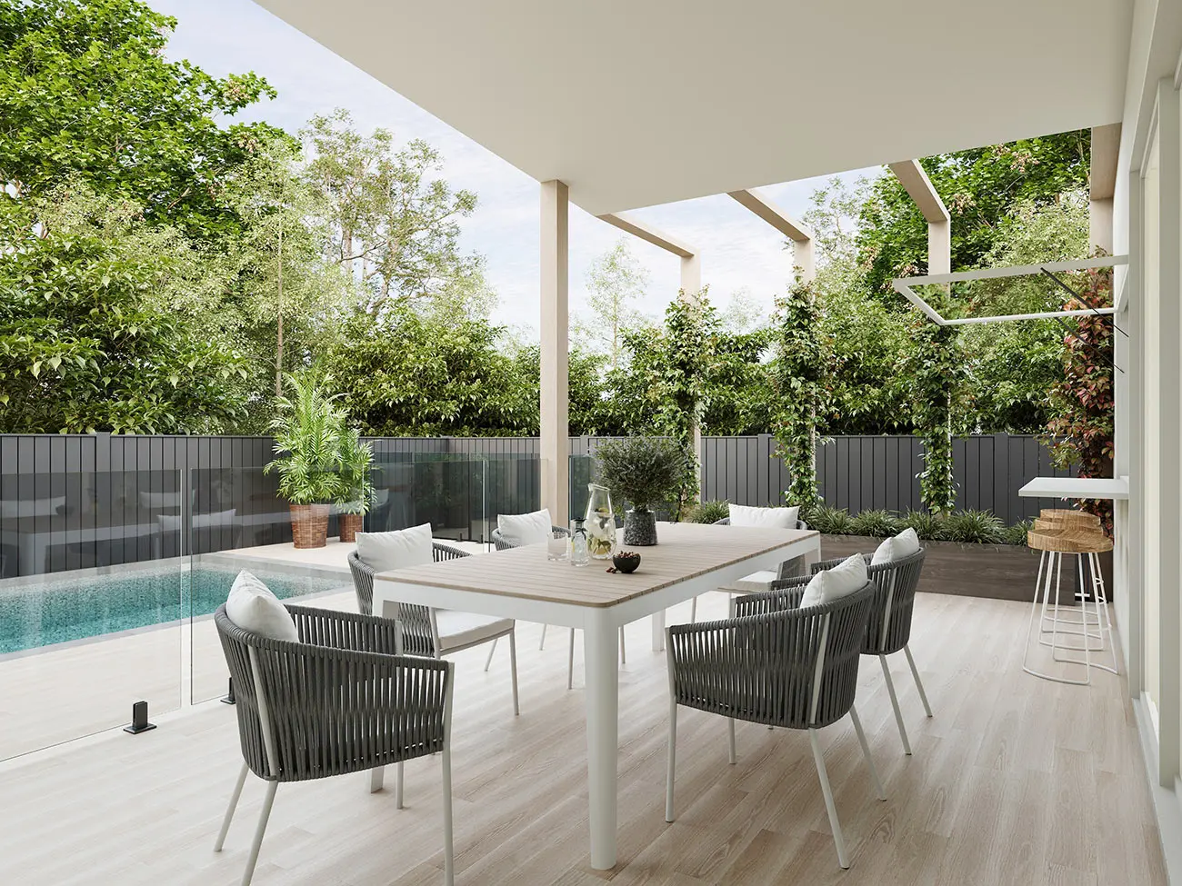 Photorealistic 3D render of a covered alfresco dining area and swimming pool at 13 Cupania Street, Mudjimba, surrounded by lush tropical landscaping