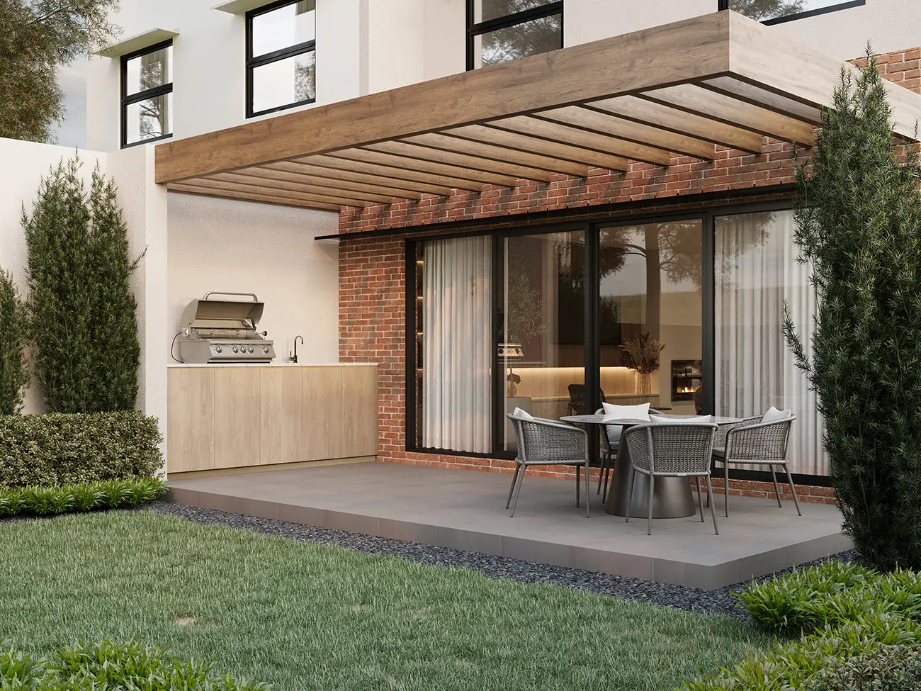 Photorealistic 3D render of a covered backyard alfresco at 25 Deakin Street, Bentleigh East, with an outdoor kitchen, dining setting, timber pergola and landscaped lawn