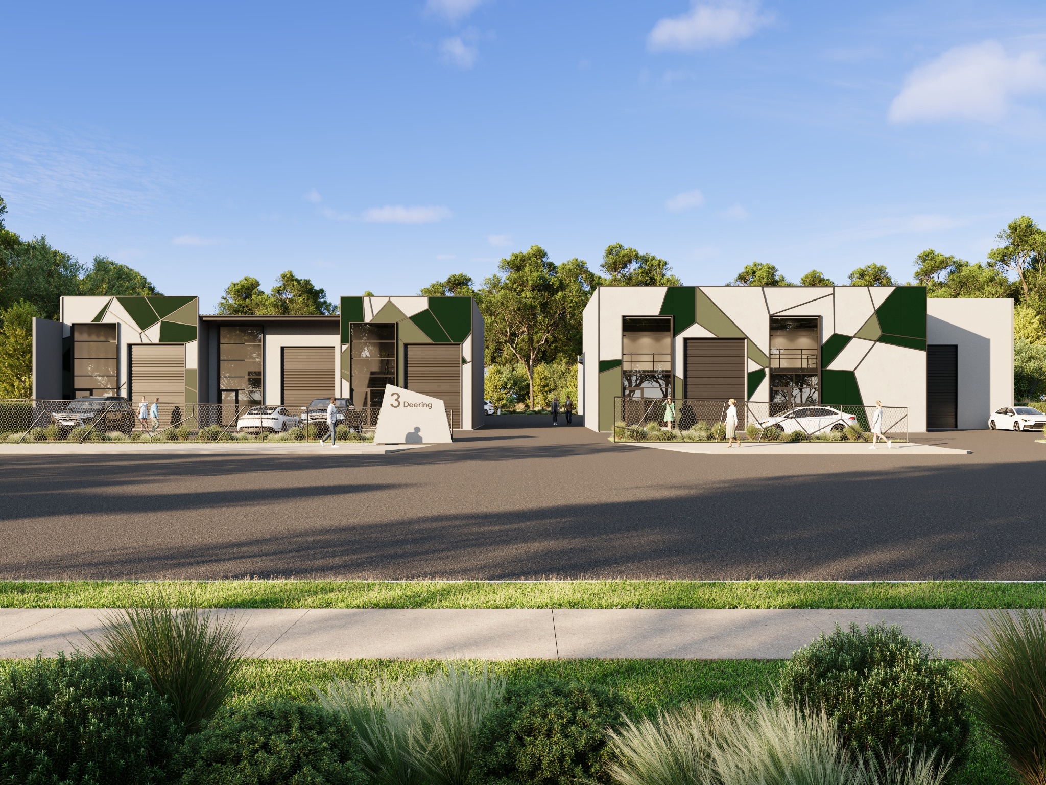 Photorealistic streetscape 3D render of industrial units at 3 Deering Street in Yamba with geometric green facades, roller doors, glazing and landscaped frontage