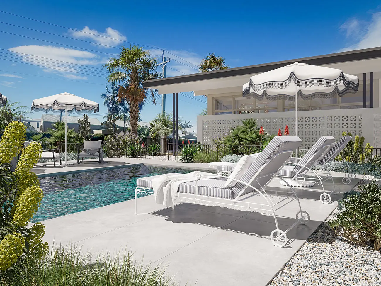 Photorealistic 3D render of the Dolphins Mollymook pool terrace with striped sun lounges, umbrellas, coastal planting and resort-style landscaping
