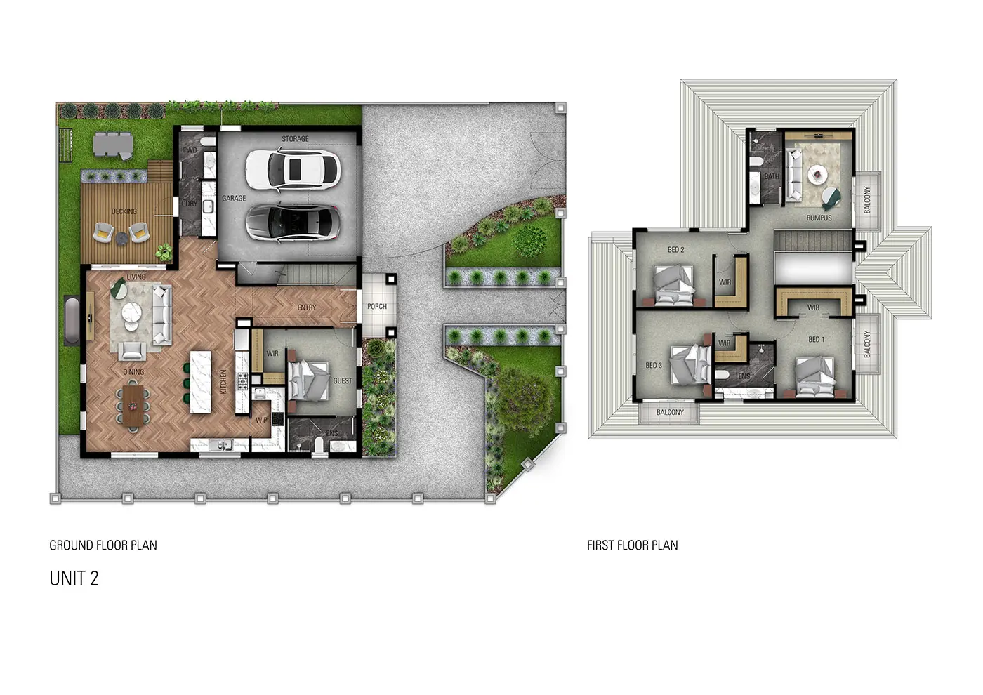 Coloured furnished marketing floor plan showing the ground and first floors of a double-storey home with four bedrooms, garage, gardens and balconies