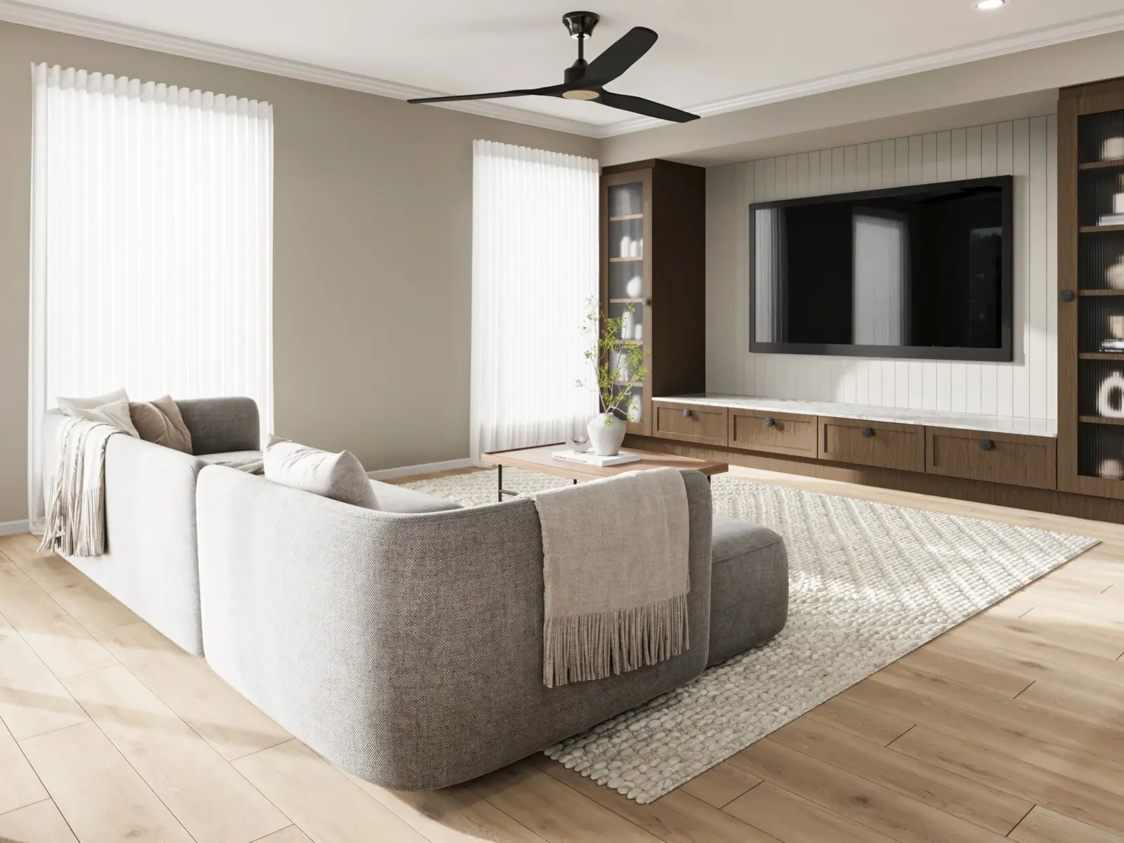 Photorealistic residential 3D render of the Eastridge living room in Coolum Beach with warm timber joinery, soft neutral furniture and abundant natural light