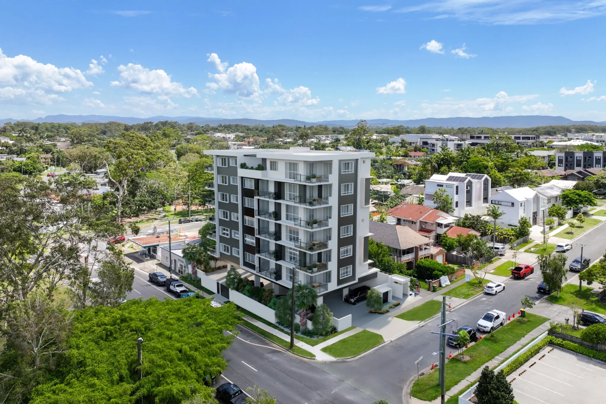 Aerial architectural photomontage of a contemporary apartment development at 54 Falconer Street in Southport integrated into the existing neighbourhood