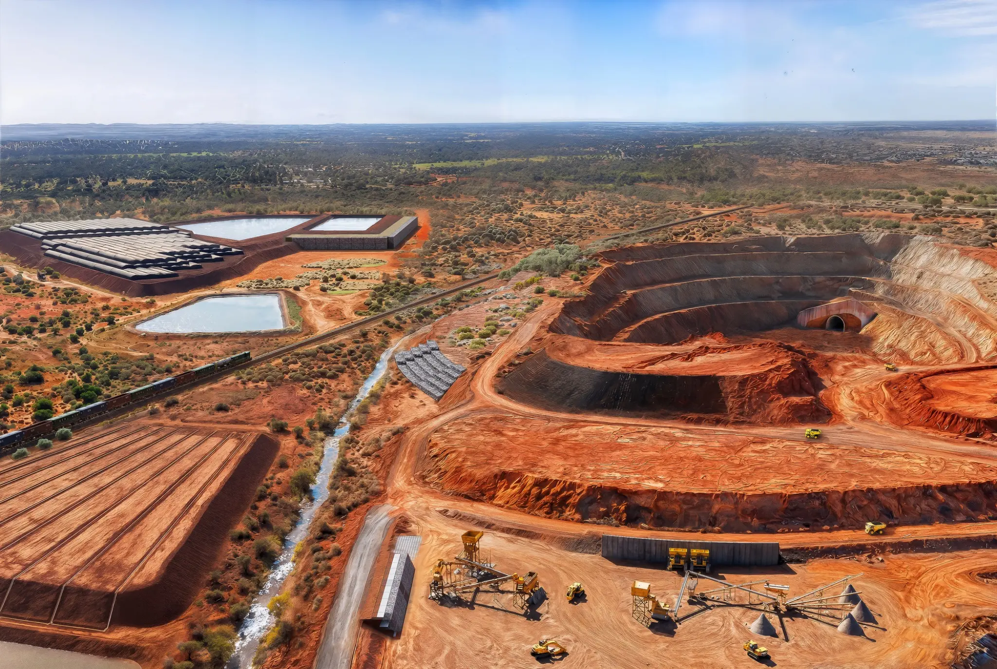 Expansive aerial photomontage of an Australian open-cut mining operation with geofabric installations, haul roads, processing infrastructure, rail and water management areas
