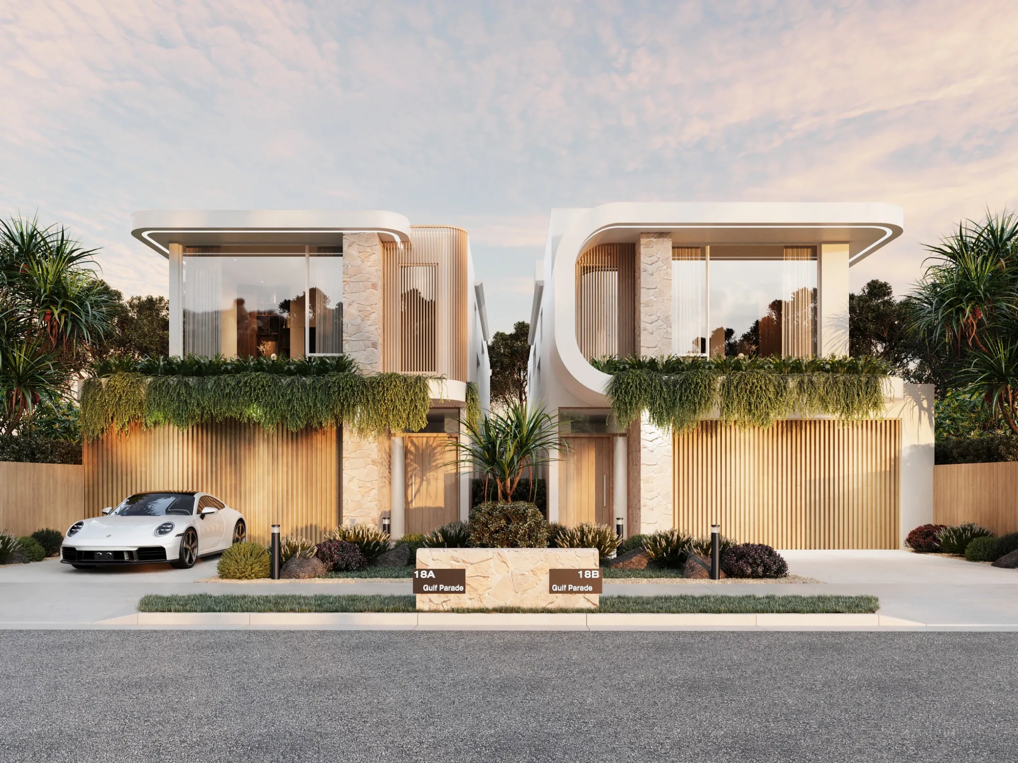 Photorealistic streetscape 3D render of contemporary coastal duplex homes on Gulf Parade in South Brighton with curved facades and landscaped frontages