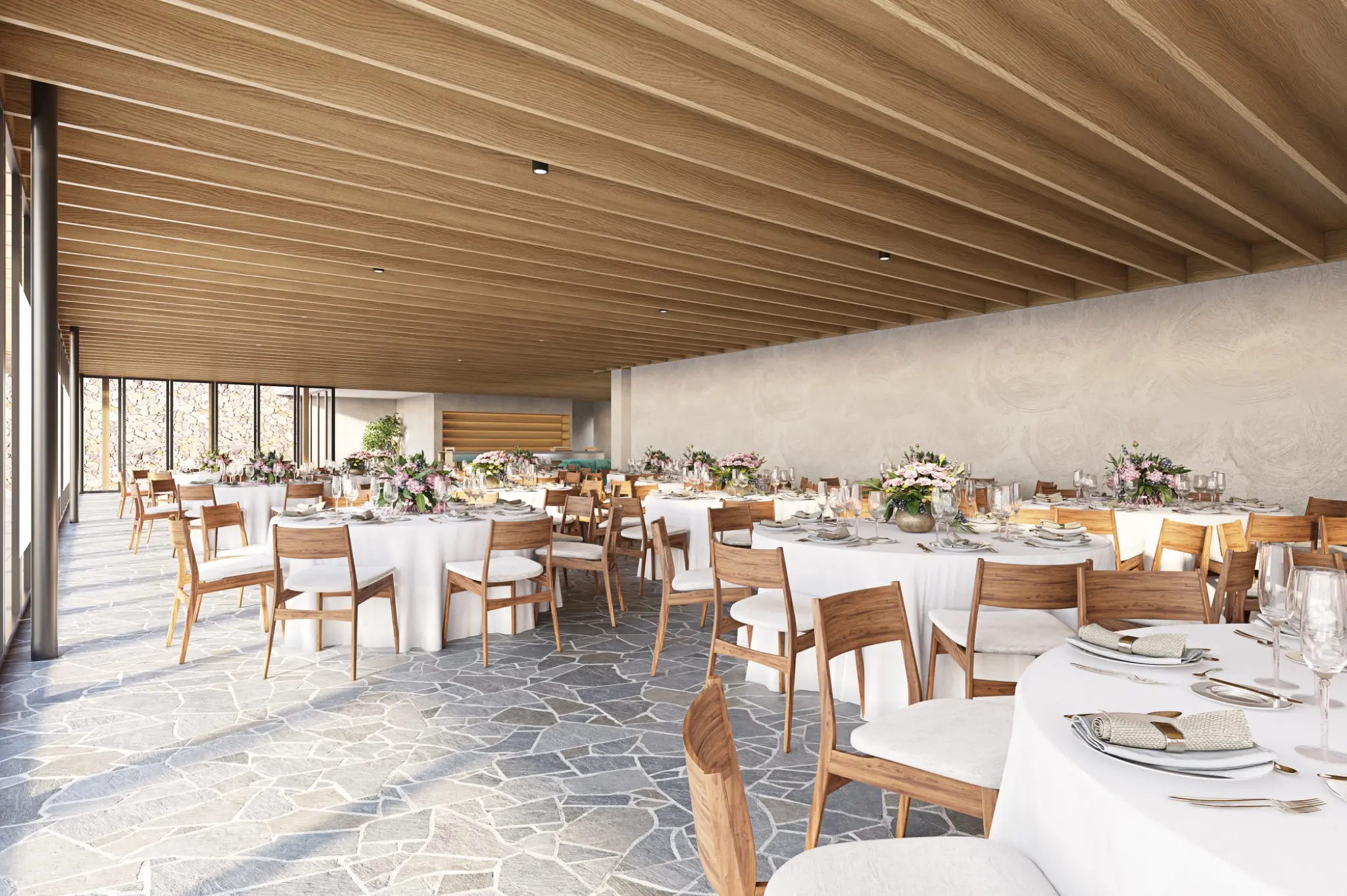 Photorealistic 3D render of a function room on Horrex Road in Ravensbourne set for a formal event with round tables, floral arrangements, timber ceiling and stone flooring