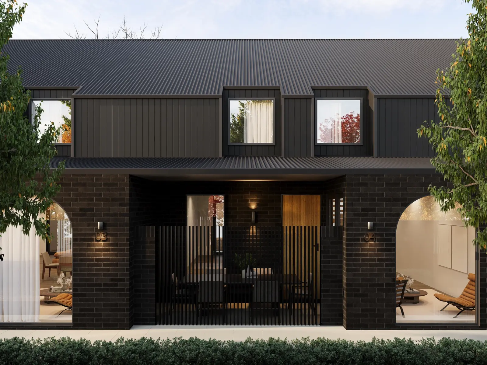 Photorealistic residential 3D render of contemporary dark-brick townhouses at 40 Ijong Street, Braddon, with arched windows and landscaped frontage
