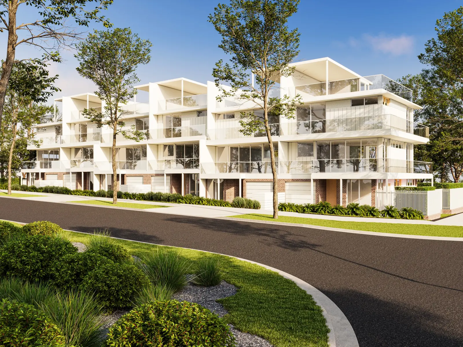 Photorealistic exterior 3D render of contemporary three-storey townhouses at 19 Jubilee Avenue in Ulladulla with white facades, rooftop terraces and landscaped street frontage