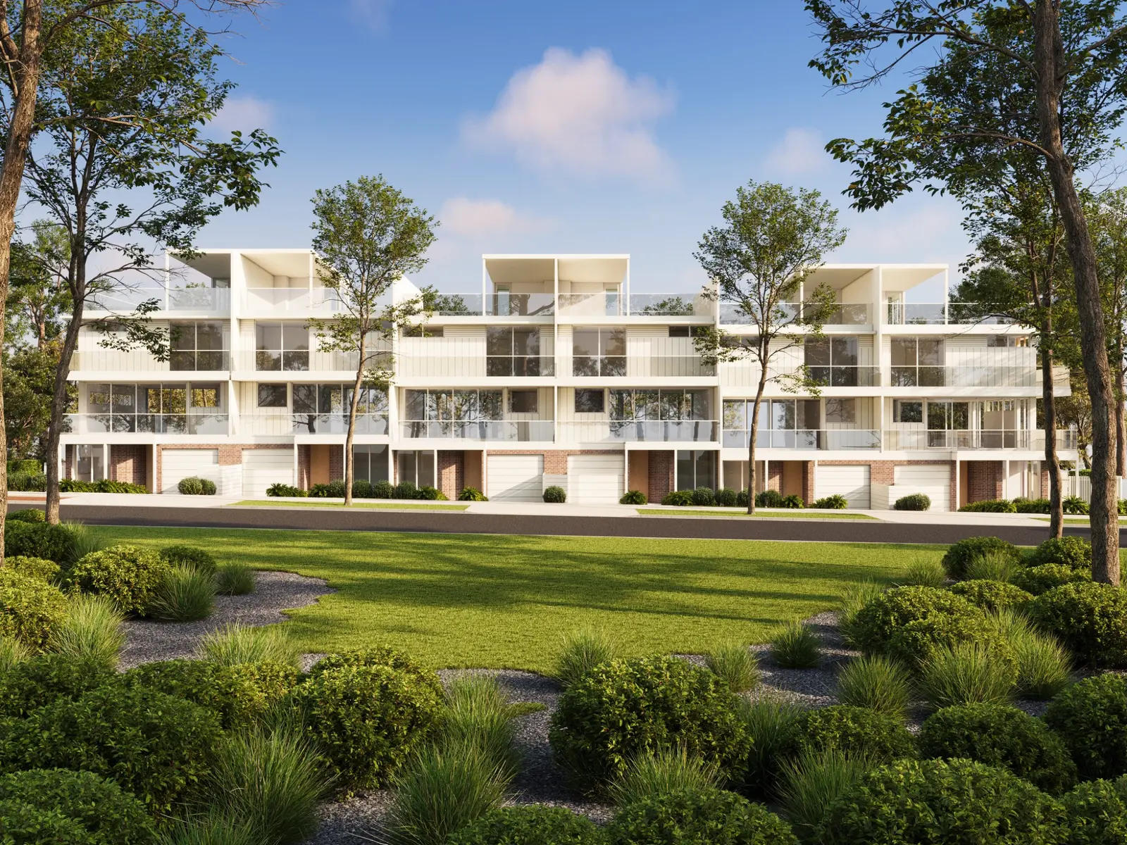 Photorealistic residential 3D render of contemporary three-storey townhouses at 19 Jubilee Avenue, Ulladulla, viewed across landscaped parkland