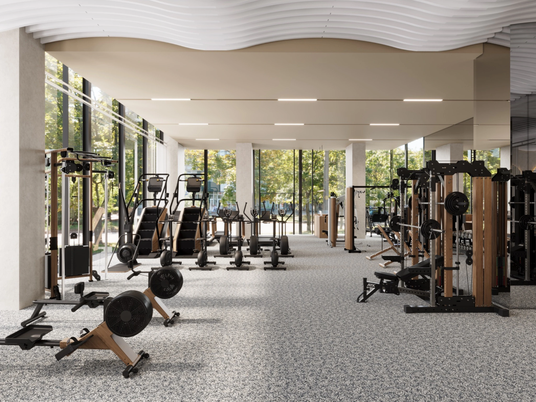 Photorealistic 3D render of the King Square gym with strength and cardio equipment, full-height glazing, mirrored walls and a sculptural wave ceiling