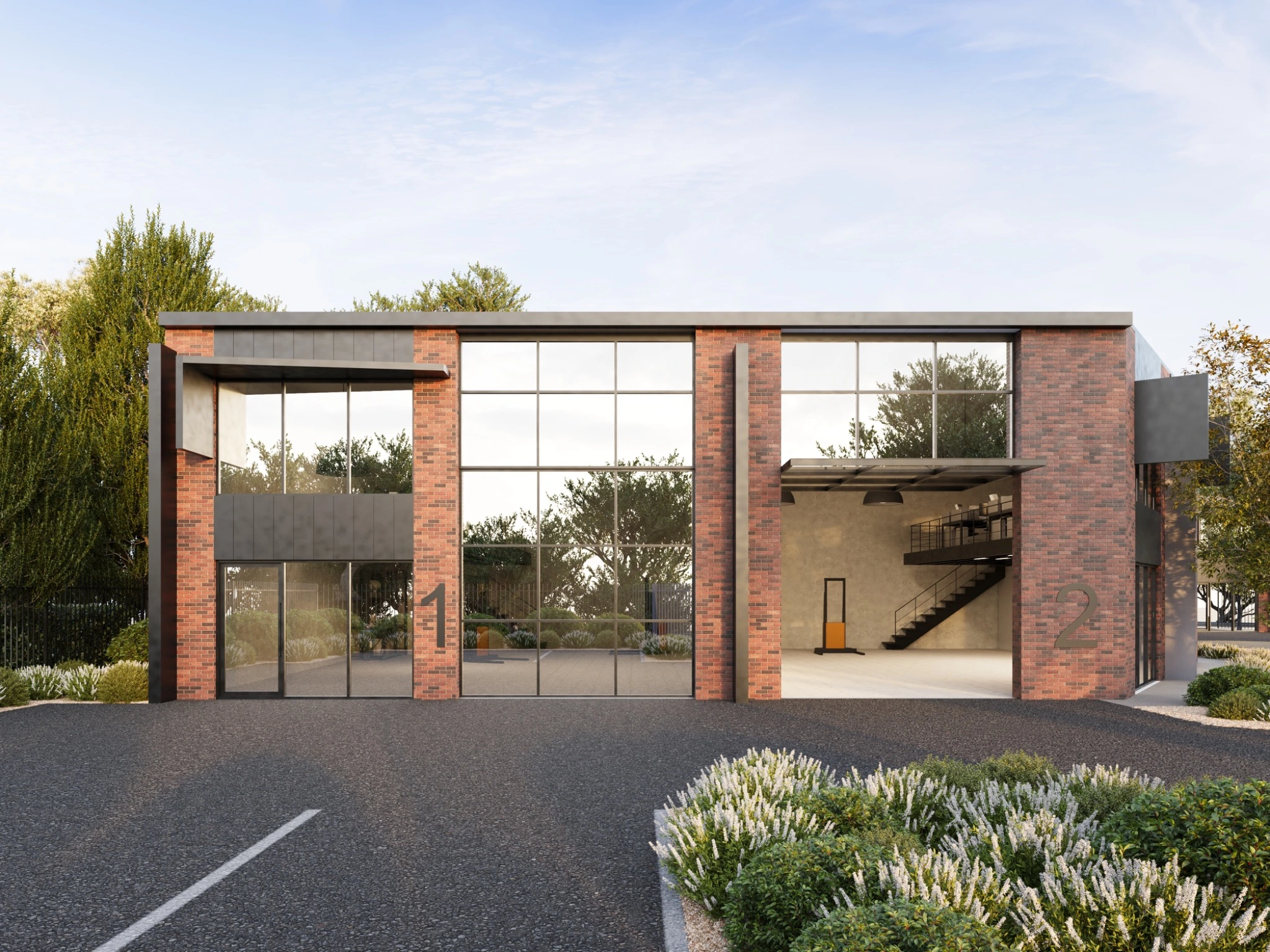 Photorealistic exterior 3D render of brick industrial units on Metcalf Road in Kyneton with double-height glazing, warehouse access and landscaped parking