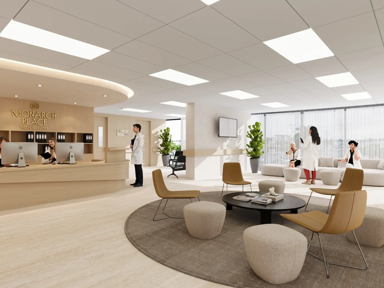 Photorealistic commercial 3D render of the Monarch Place medical suites reception at 67–73 Meron Street, Southport, with waiting lounge and consultation areas