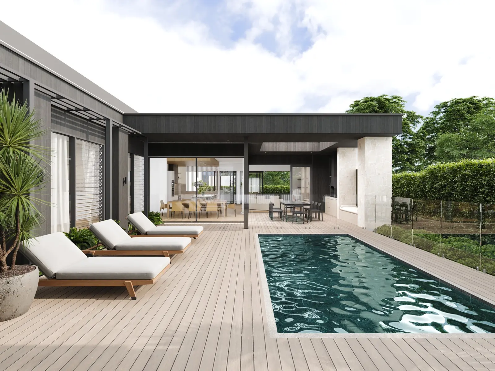 Photorealistic residential 3D render of a pool terrace and covered alfresco area at 35 Morrisons Avenue, Mount Martha, with timber decking and garden outlook