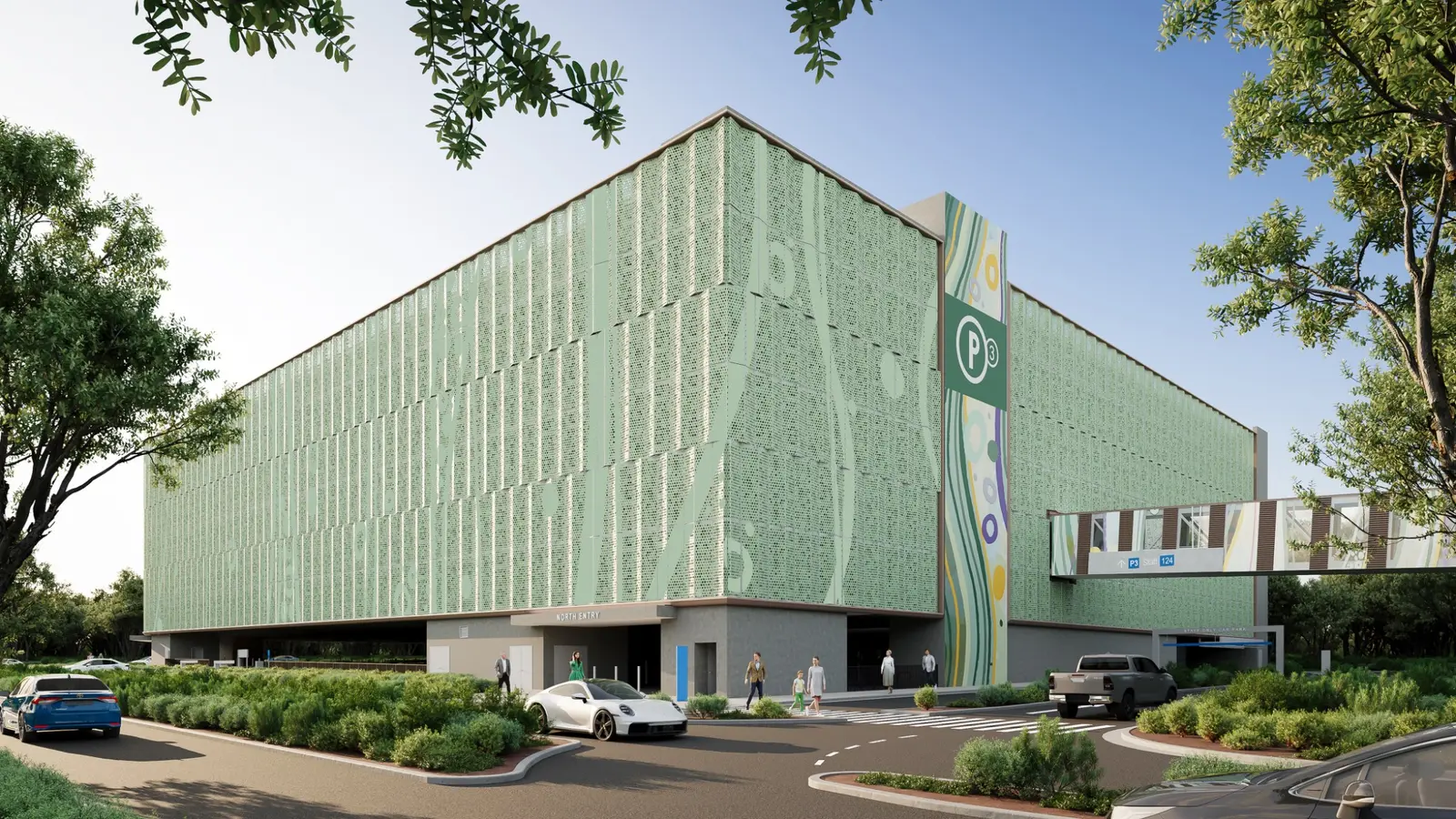 Photorealistic 3D render of a multi-storey car park with a perforated green facade, integrated wayfinding, pedestrian entry and landscaped vehicle approach