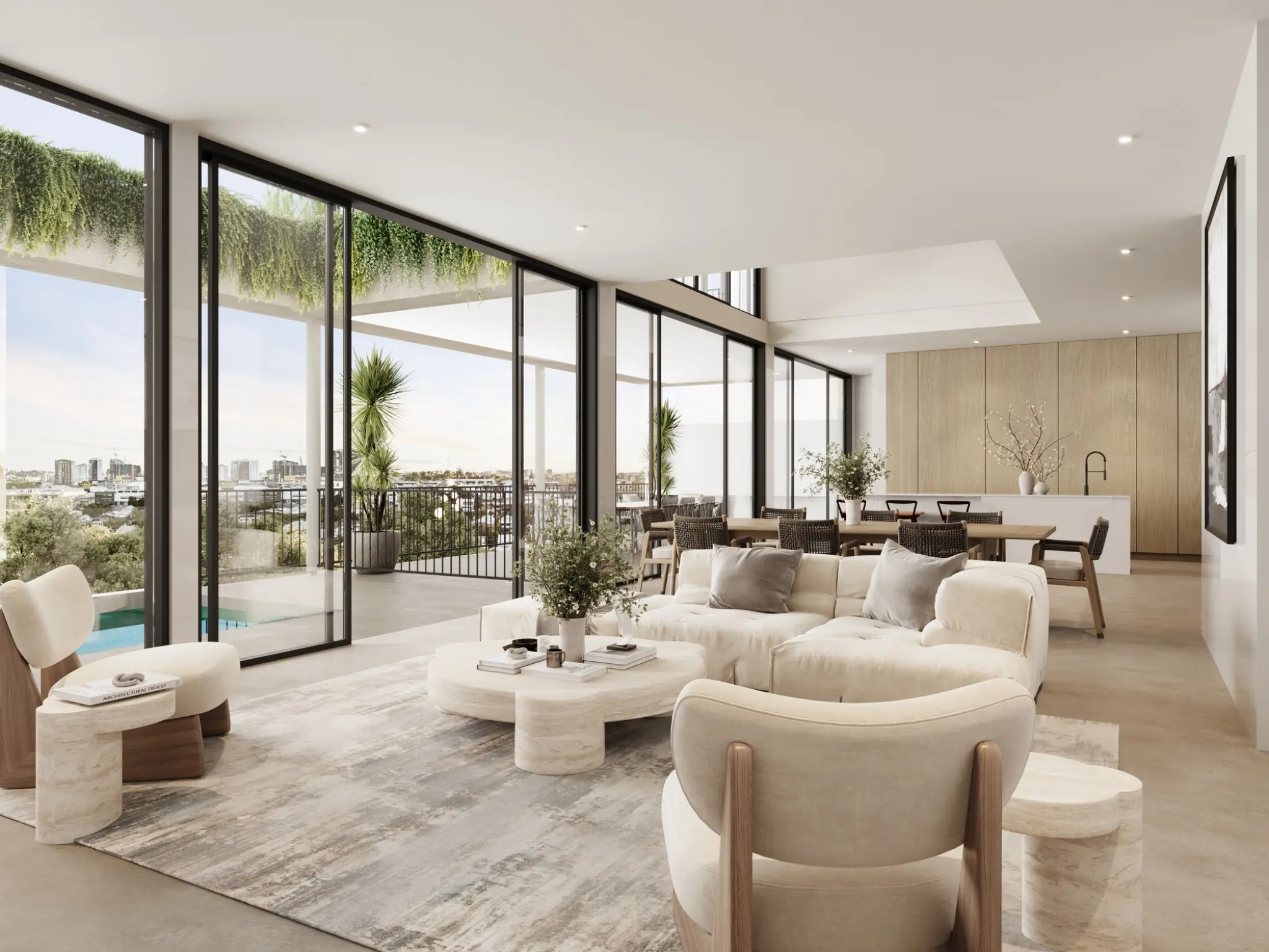 Photorealistic 3D render of a luxury open-plan living, dining and kitchen interior on Charteris Street, Paddington, with full-height glazing and city views