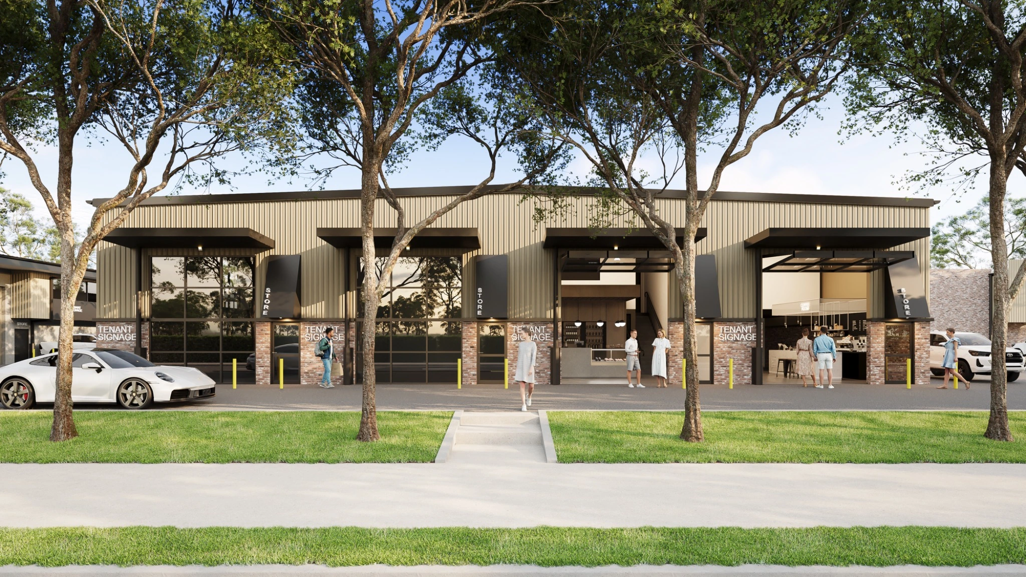 Commercial exterior 3D render of contemporary industrial units with glazed frontages, loading access, tenant signage and landscaped street presentation in Penrith