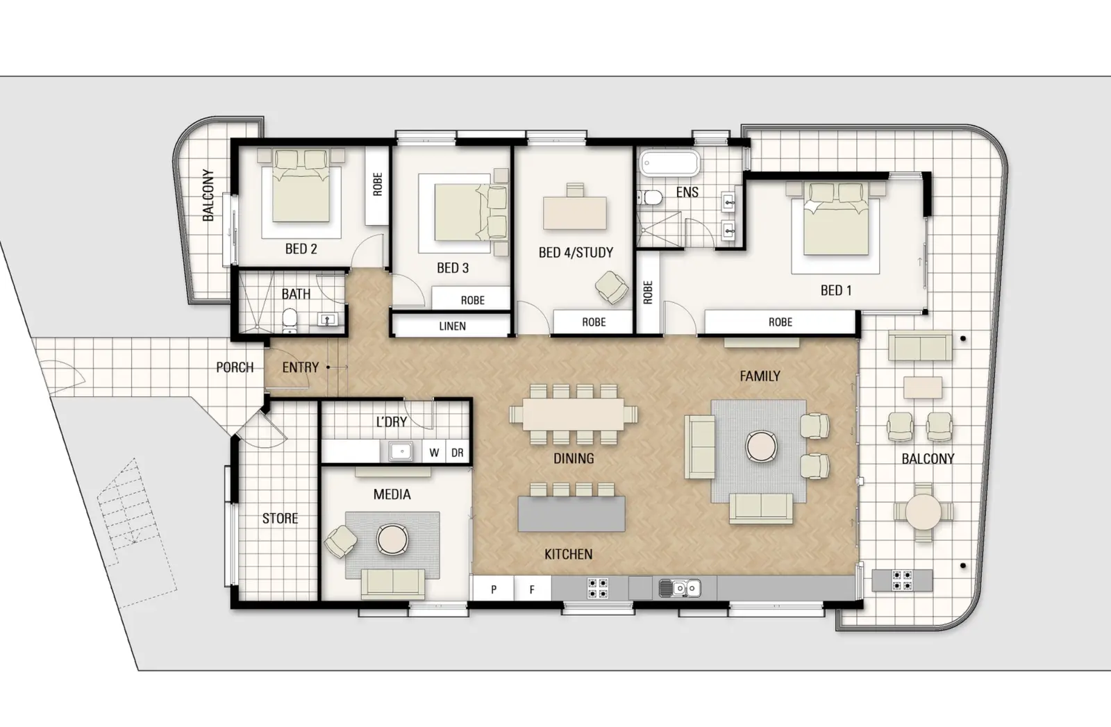 Wide coloured furnished floor plan of the Platino single-storey home with four bedrooms, media room, open-plan family living, kitchen and balcony