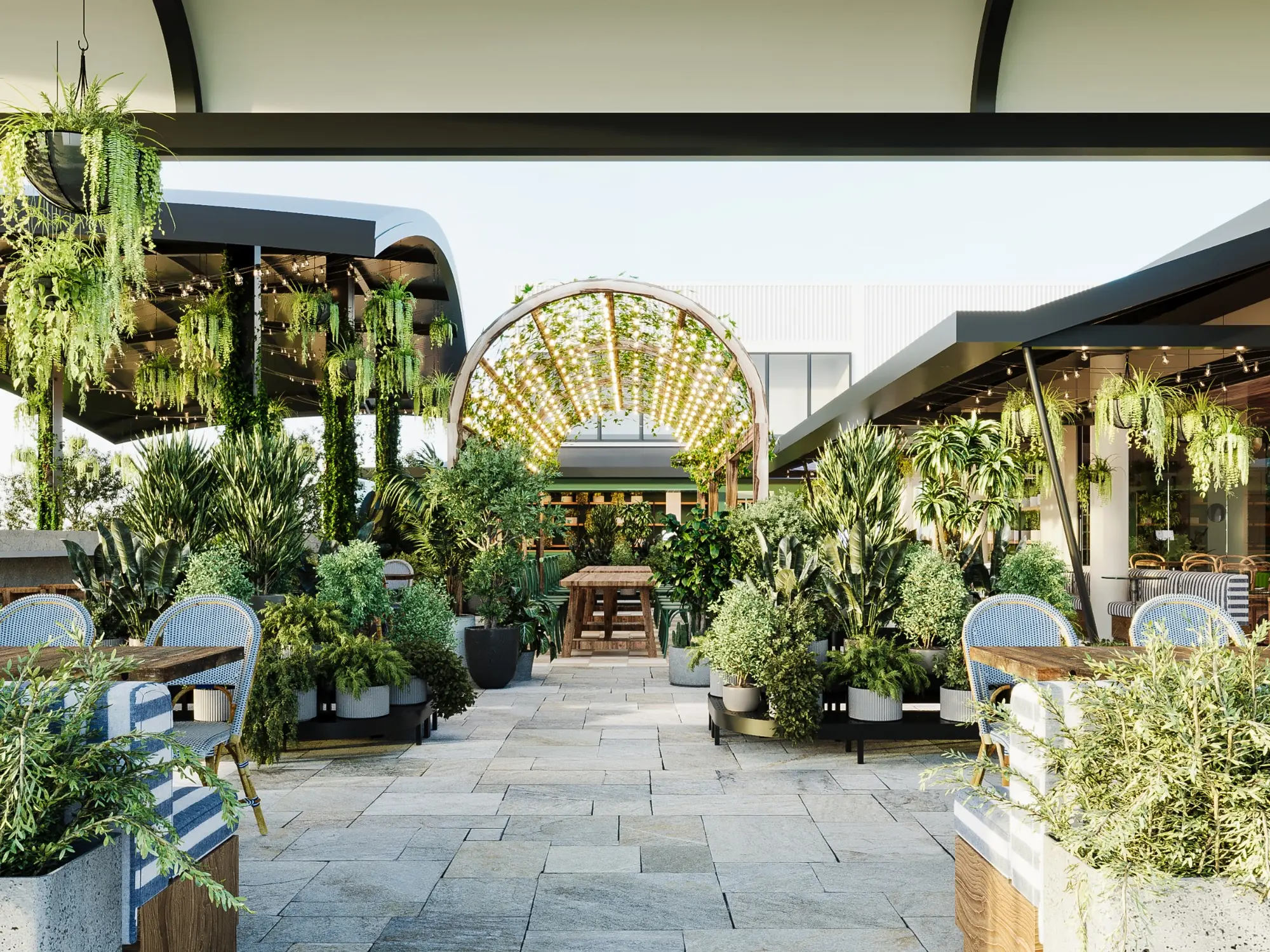 Photorealistic 3D render of the landscaped hospitality courtyard at Prahran Market with abundant planting, outdoor dining, striped seating and a feature illuminated arbour