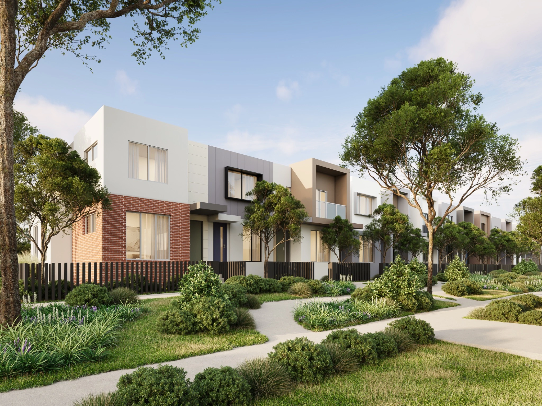 Photorealistic wide-angle 3D render of contemporary townhouses on Princes Highway in Beaconsfield with mixed brick and rendered facades, front gardens and pedestrian paths