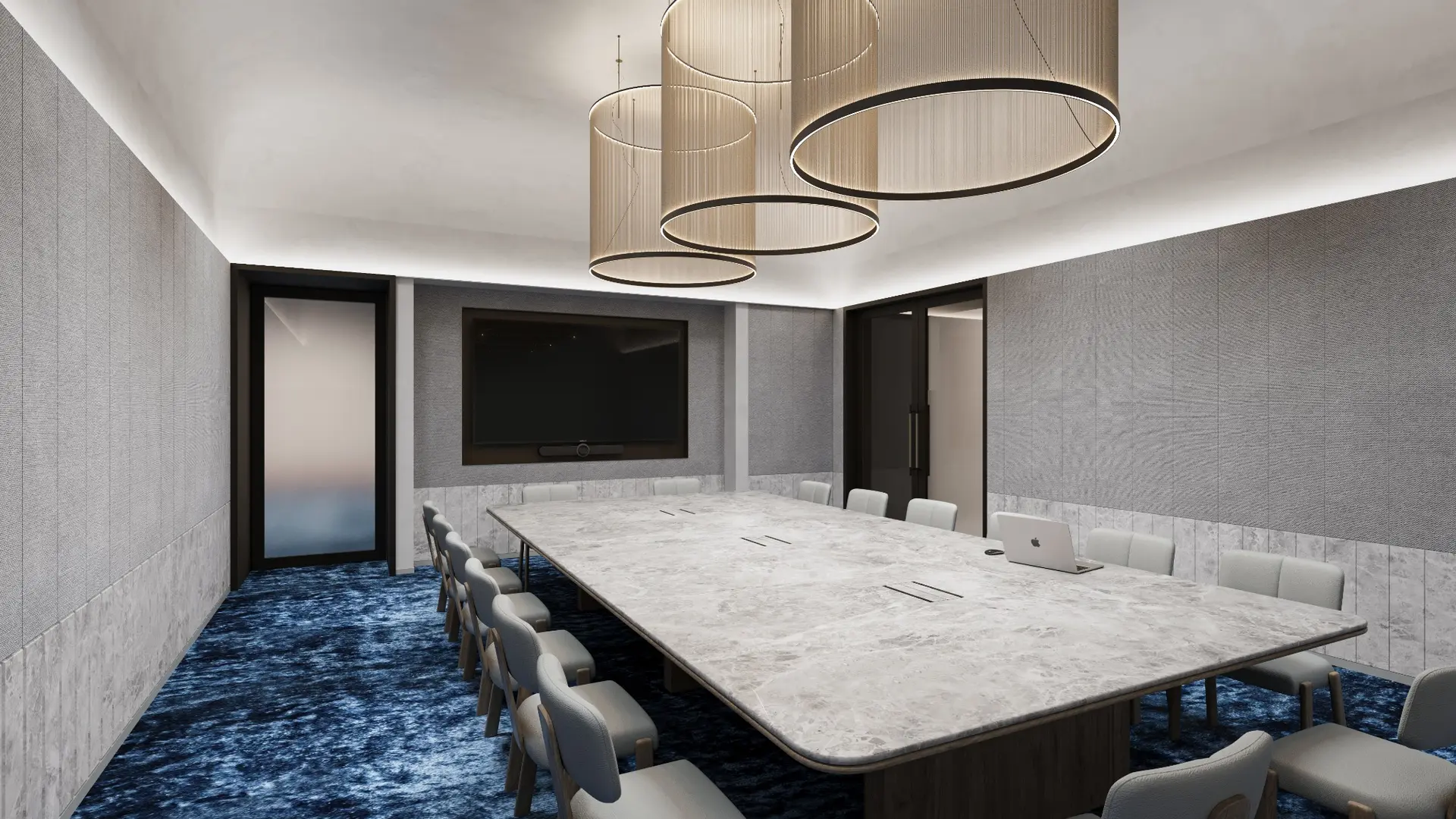 Photorealistic wide-angle 3D render of the RACV City Club boardroom in Melbourne with a large stone meeting table, acoustic wall panels and sculptural pendant lighting