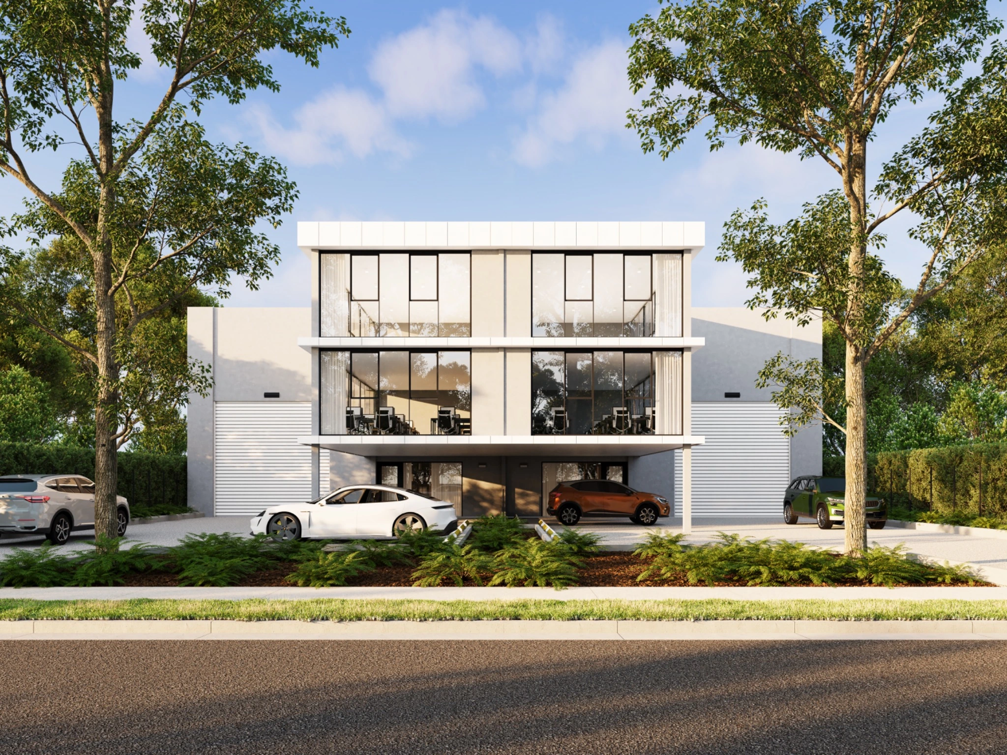 Photorealistic commercial building 3D render on Reserve Court in Altona North with a glazed office facade, warehouse wings, parking and established trees