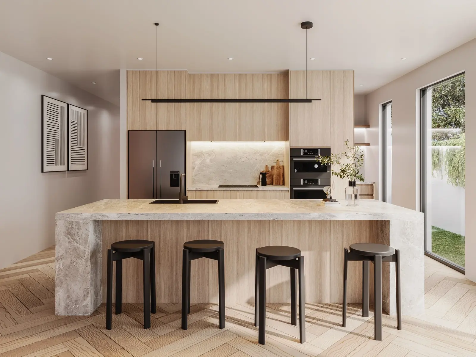 Photorealistic residential 3D render of a modern timber and stone kitchen on Rutland Street, Niddrie, with a large island and garden-facing windows