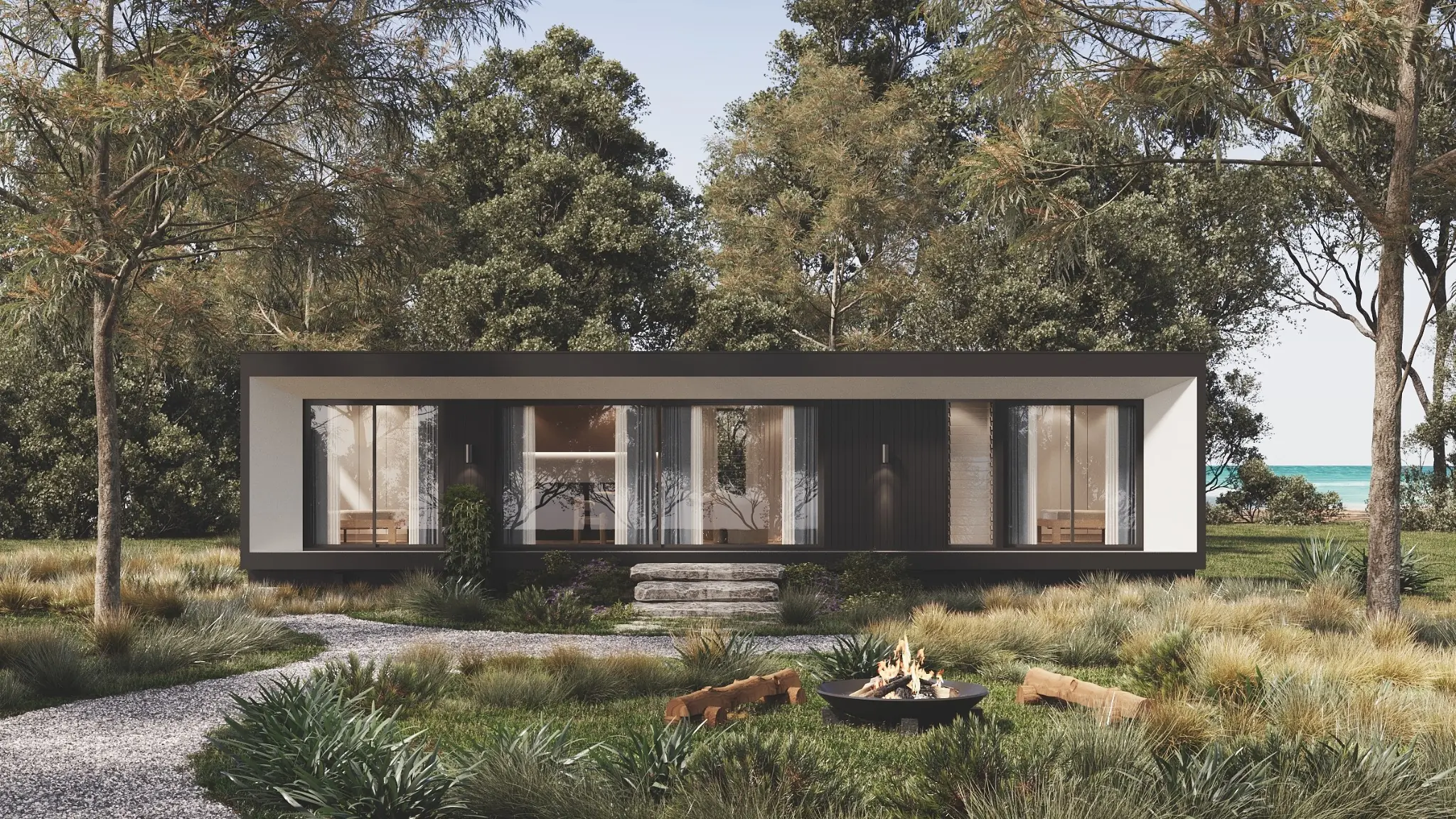 Photorealistic exterior 3D render of Coastline Studios CS2, a contemporary single-storey modular coastal home surrounded by native trees and landscaping