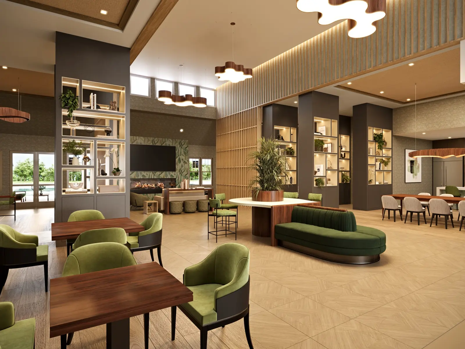 Photorealistic commercial 3D render of the South Brunswick Recreation Centre lounge with green seating, timber screens, feature lighting and community dining spaces