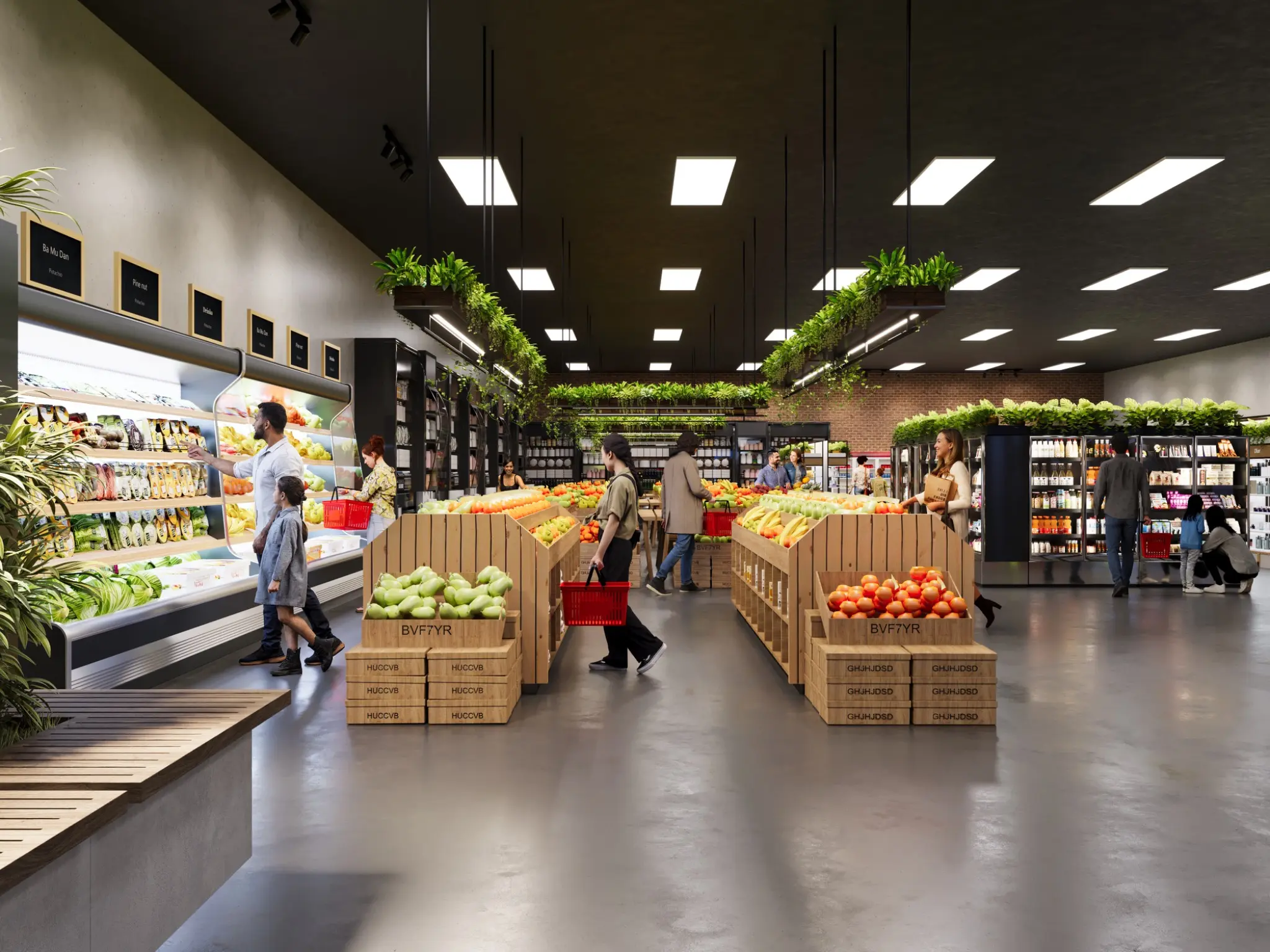 Photorealistic 3D render of a supermarket at South Jerrabomberra Town Centre with fresh produce displays, refrigerated aisles, suspended planting and shoppers
