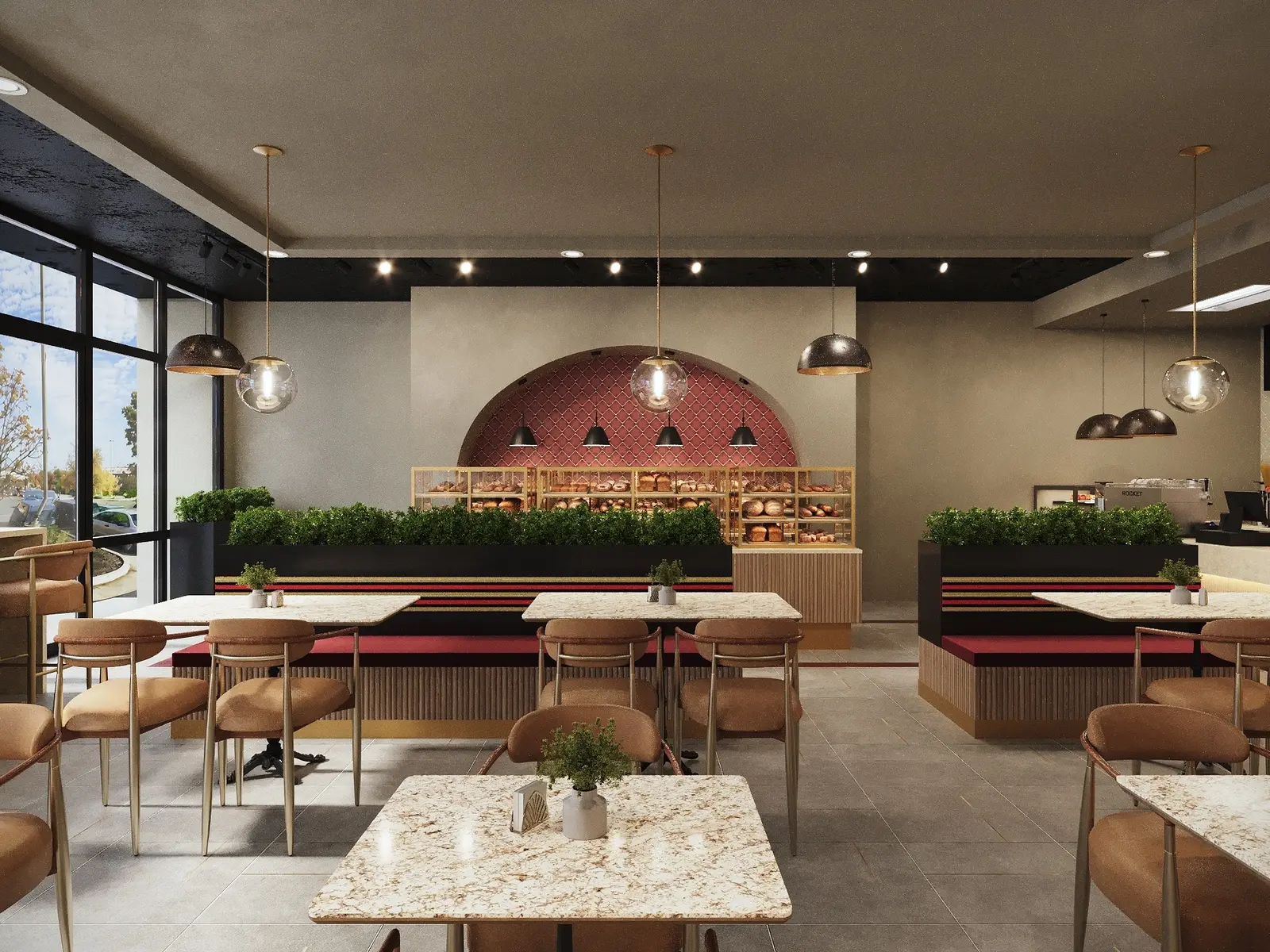 Photorealistic commercial 3D render of a Springfield café interior with bakery display, upholstered banquette seating, pendant lighting and warm contemporary finishes