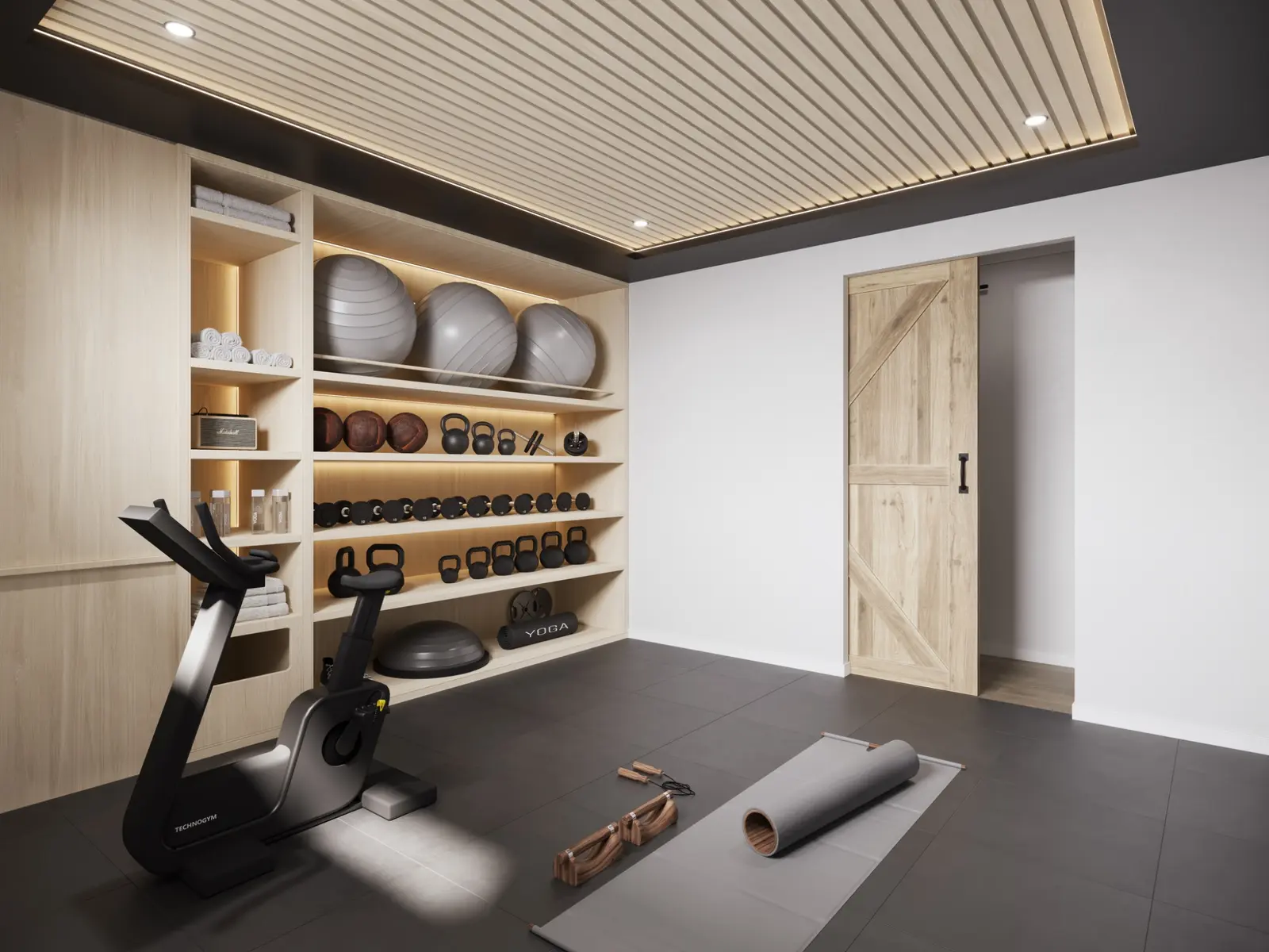 Photorealistic commercial 3D render of a compact gym at 43 Teemangum Street, Currumbin, with integrated equipment storage, exercise bike and yoga area