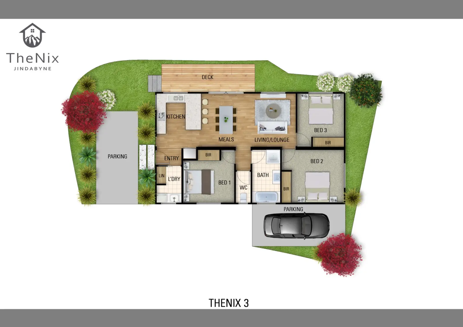 Coloured marketing floor plan for The Nix Jindabyne Unit 9 with three bedrooms, open-plan living, deck, landscaped garden and two parking spaces