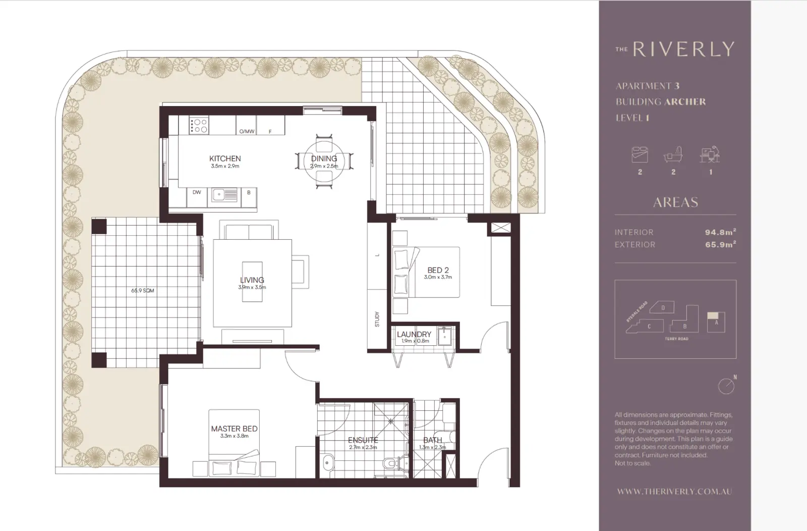 Branded marketing floor plan for The Riverly Apartment 3, Building Archer Level 1, with two bedrooms, two bathrooms, study and large landscaped terraces