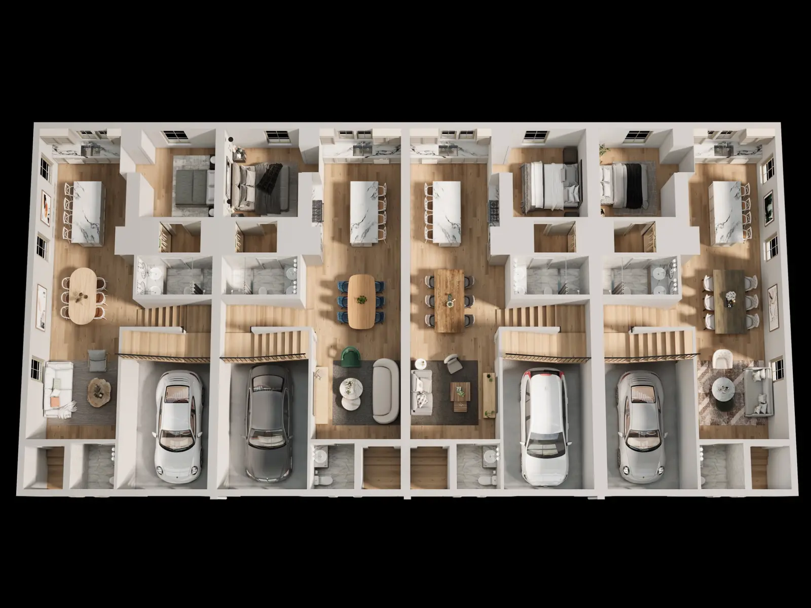 Top-down furnished 3D marketing floor plan of a multi-townhouse development showing kitchens, bedrooms, bathrooms, living areas and integrated garages