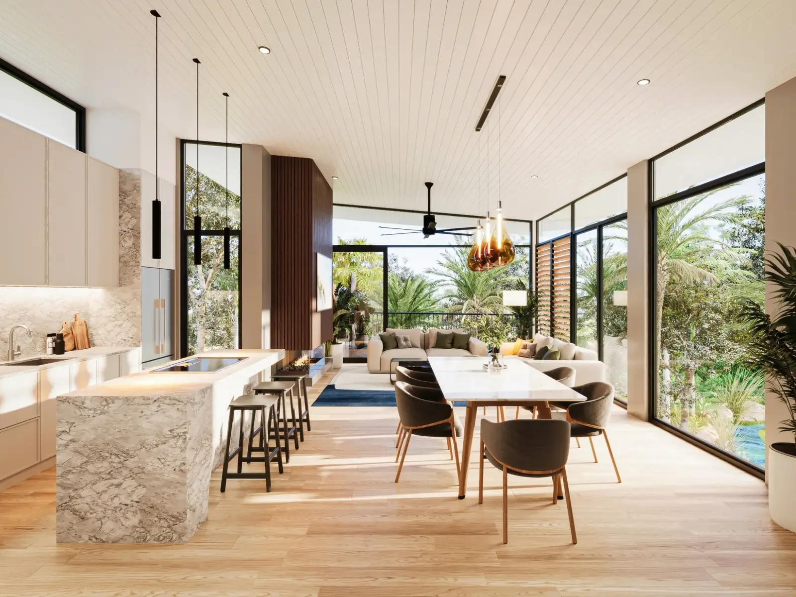 Photorealistic 3D render of an open-plan kitchen, dining and living interior at Twin Creeks Estate, with marble island, double-height glazing and tropical landscape views
