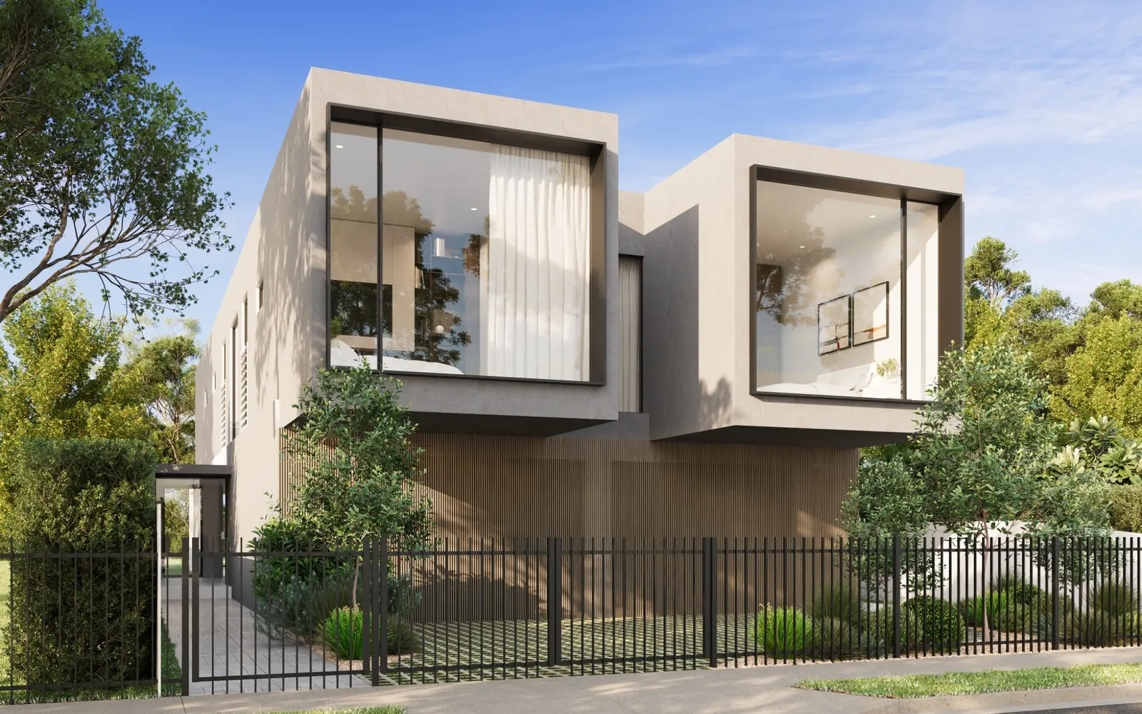 Photorealistic exterior 3D render of a contemporary two-storey residence at 35 Union Street, Windsor, with projecting window forms, timber screening and native landscaping